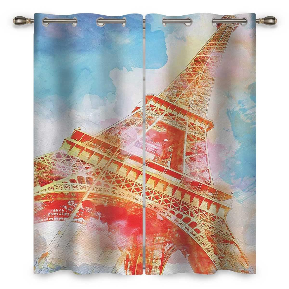 NEW-TWO Eiffel Tower Farmhouse Curtains for Living Room 2 Panels Yellow Blue Red Soundproof Curtains Long Length Width Drop (W) 72 X (H) 72 Inches