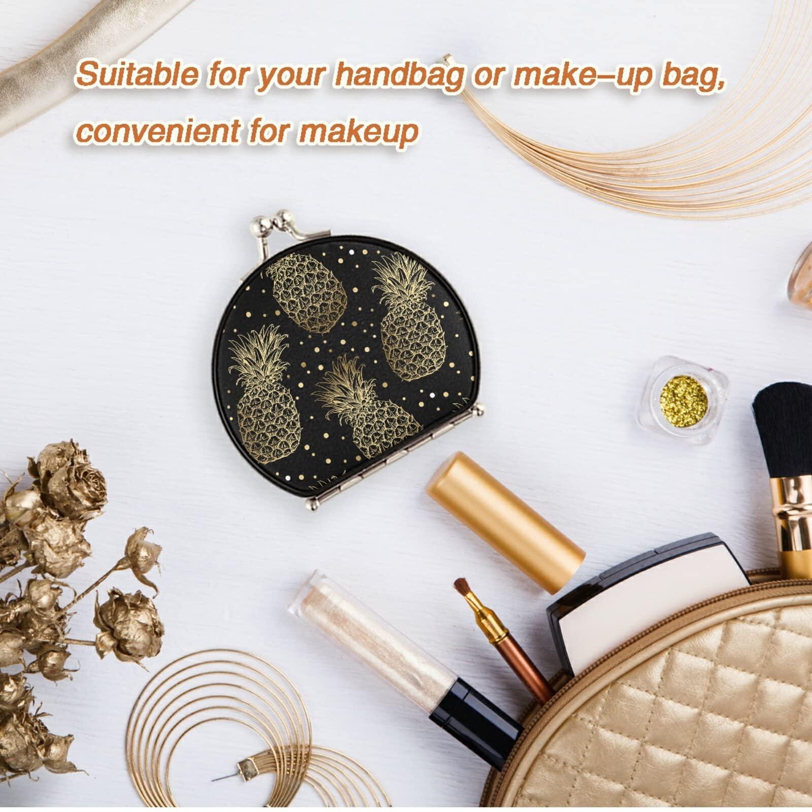 Poeticcity Seamless Golden Pineapples Hand Drawn Gold Pineapple Dots on Dark Compact Makeup Mirror, Twin-Sided Cosmetic Mirror with 2 x 1x Magnification, Buckle Folding Mini Pocket Portable Hand Mirror