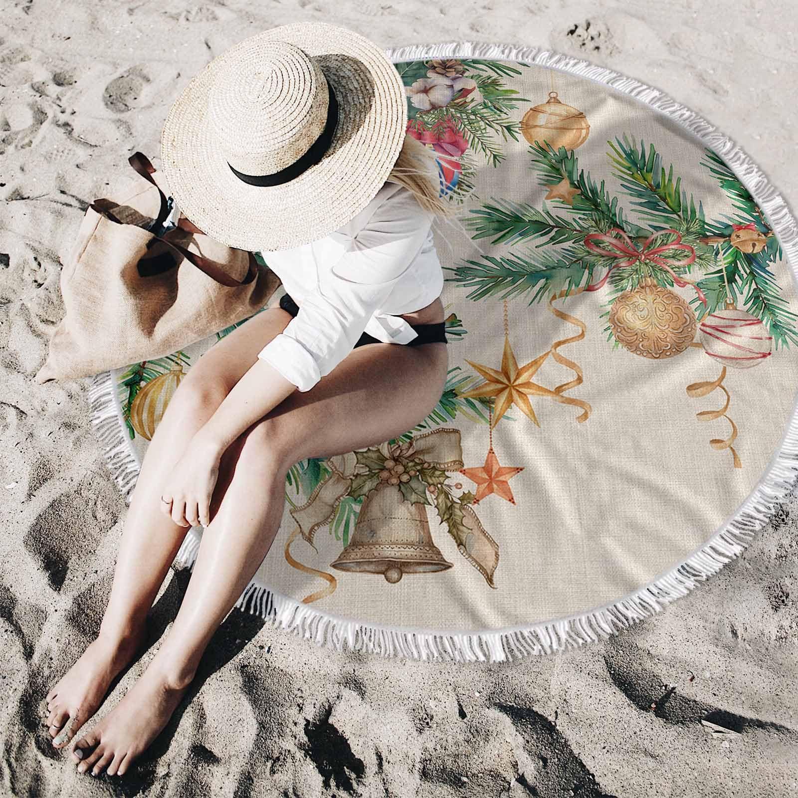 Queener Home Round Beach Towel Christmas Pine Branches Balls Bells Microfiber Beach Blanket Soft Towels Water Absorbed Bath Tapestry for Swimming Pool,Travel,Picnic,Yoga 59\" Xmas Celebration on Burlap