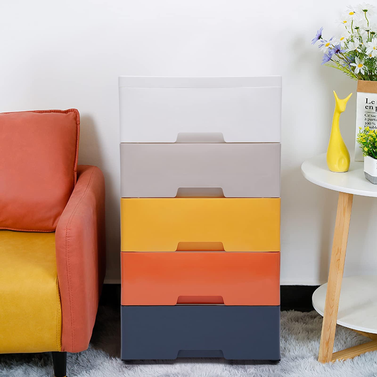 Gdrasuya10 Plastic Drawers Dresser, Storage Cabinet with 5 Drawers, Organizer Unit Stable Cart on Wheels Waterproof Plastic Cabinet with Locked Drawer for Bedroom Apartment, Five Color Mix (Colorful)