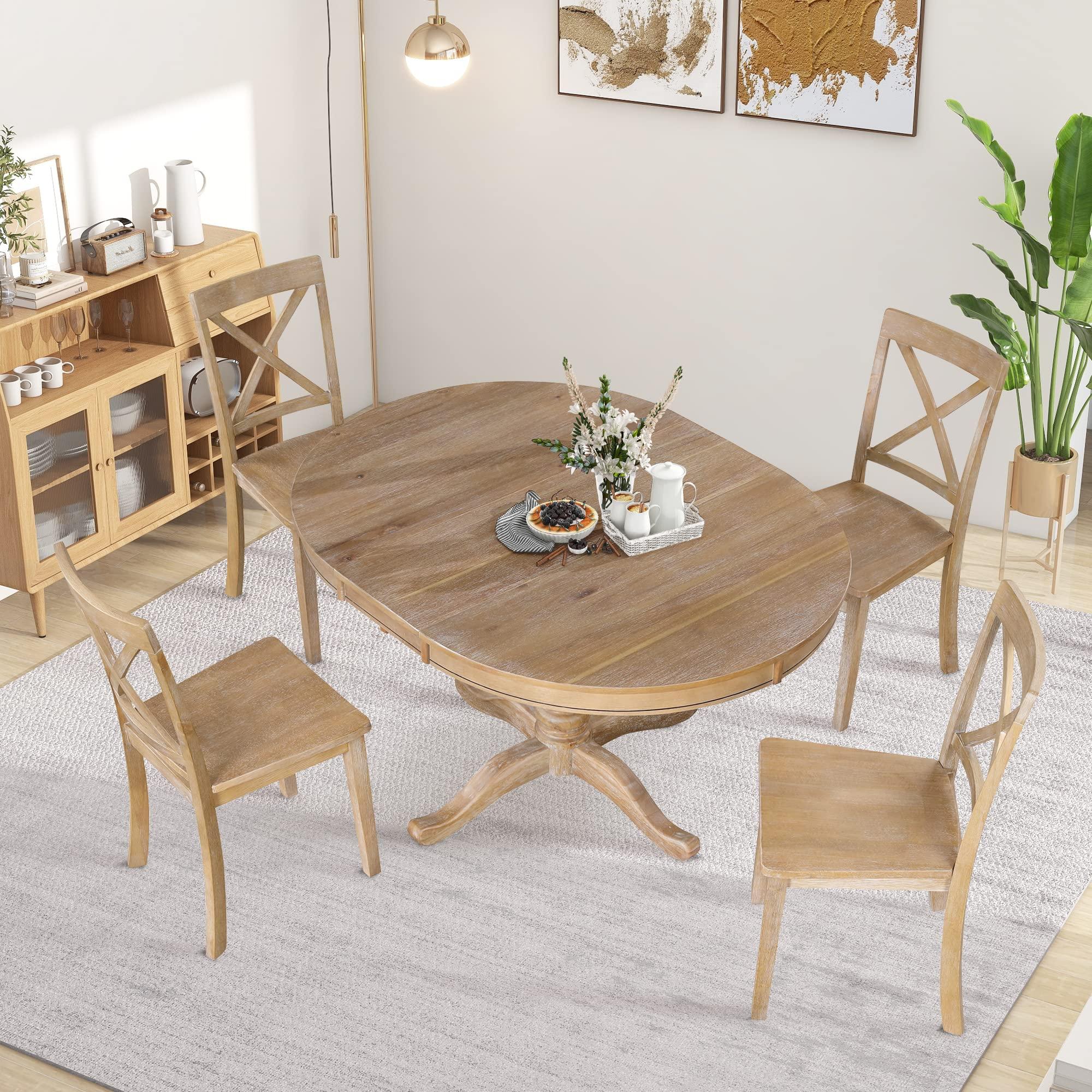 Merax Merax 5 Piece Extendable Dining Room Table Set Include Round Table and 4 Chairs Set 5 Piece Farmhouse Round Dining Set