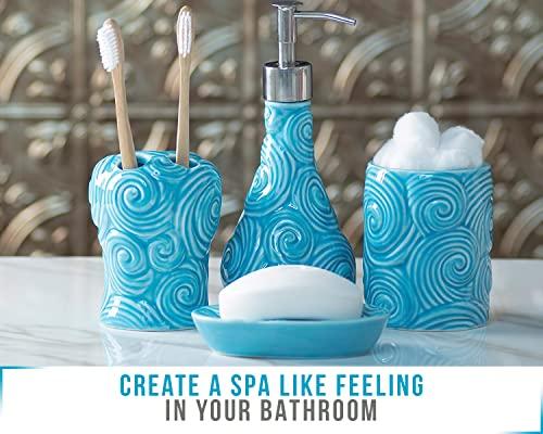 Comfify Designer - 4 Piece Bathroom Accessories Set - with Soap or Lotion Dispenser, Toothbrush Holder, Tumbler and Soap Dish - Glossy Finish - Porcelain (Ocean Waves, Aqua Blue) Holds 15.6oz