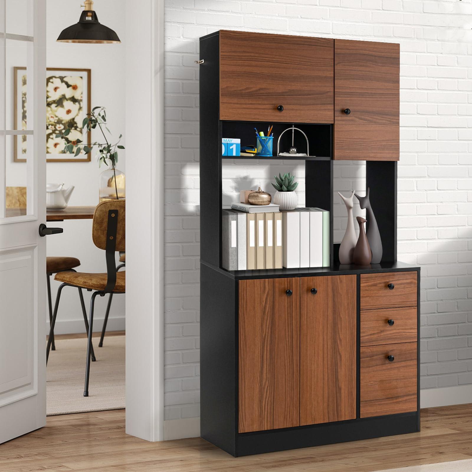 LOKO LOKO 71 Tall Kitchen Pantry Storage Cabinet, Freestanding Buffet Hutch with Doors, Adjustable Shelves, 3 Drawers and Microwave Stand, Kitchen Hutch for Dining Room, Living Room (Walnut)