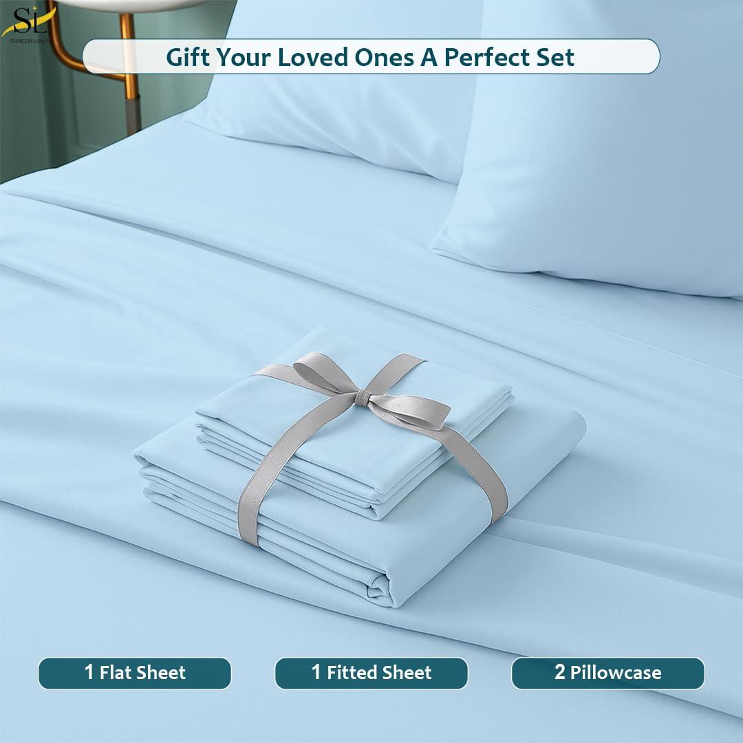 Shreem Linen Short Queen Sheets, RV Sheets Set for Campers, Deep Pockets Fitted RV Bunk Sheets, 4-Piece 1800 Microfiber Bed Sheet Set, Cool & Breathable, RV Queen Sheets (Light Blue, Short Queen)