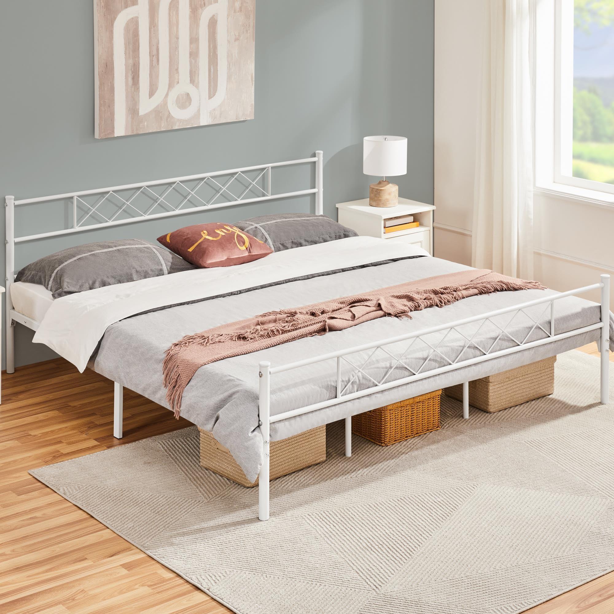 Yaheetech Yaheetech Metal Platform King Bed Frame Mattress Foundation with Headboard and Footboard No Box Spring Needed Under Bed Storage Steel Slats White