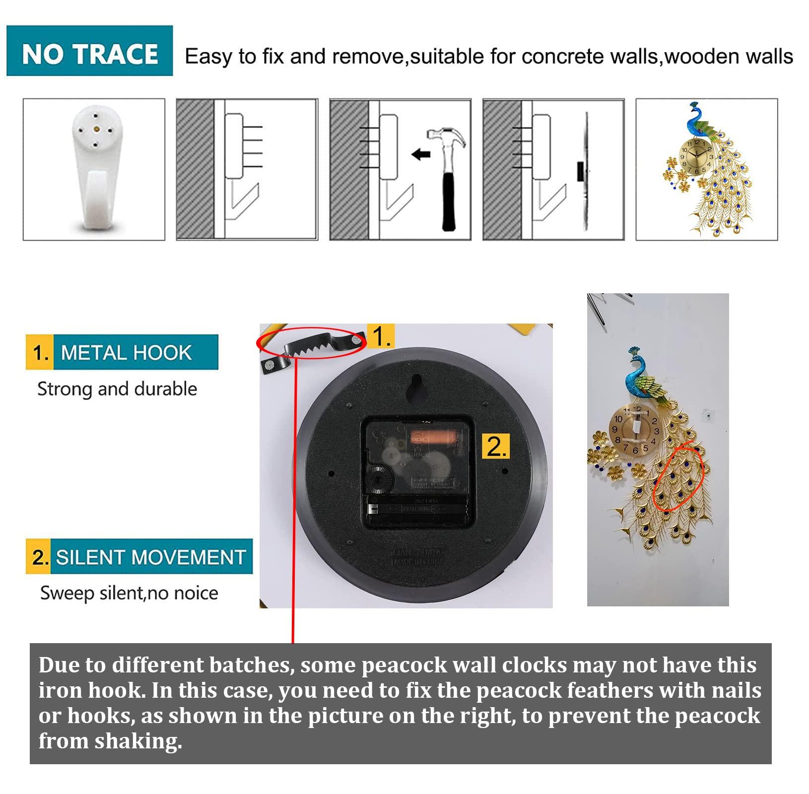 EURSON EURSON Large Peacock Wall Clock 31.5 inch Metal Design Non-Ticking Silent Art Digital Wall Clocks for Living Room Decor Gold