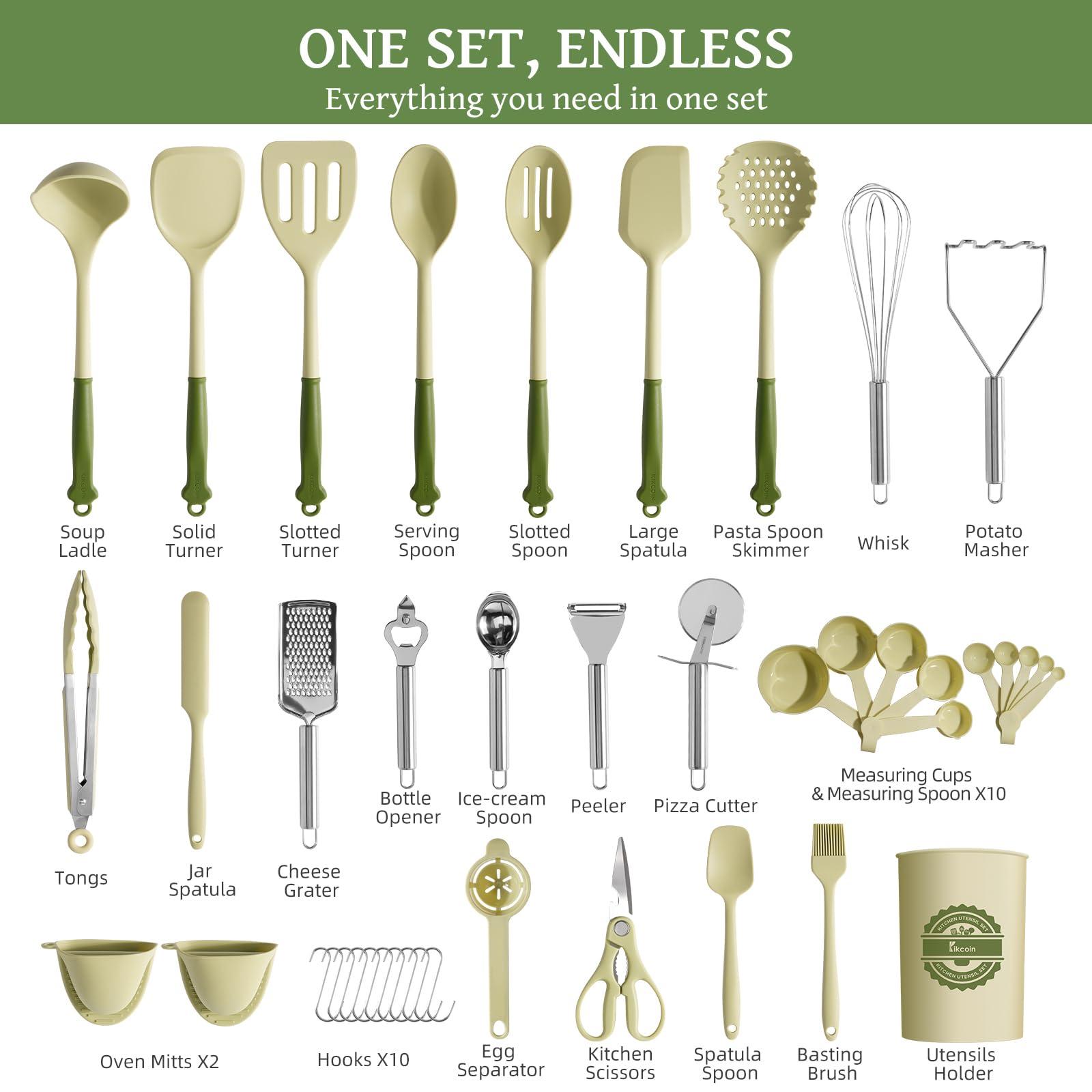 Kikcoin Kikcoin 43Pcs Kitchen Utensils Set - Silicone Cooking Utensils Set, Dishwasher Safe Spatula Set for Non-stick Cookware, 446F Heat Resistant Kitchen Utensils Set with Holder BPA Free, Avocado Green