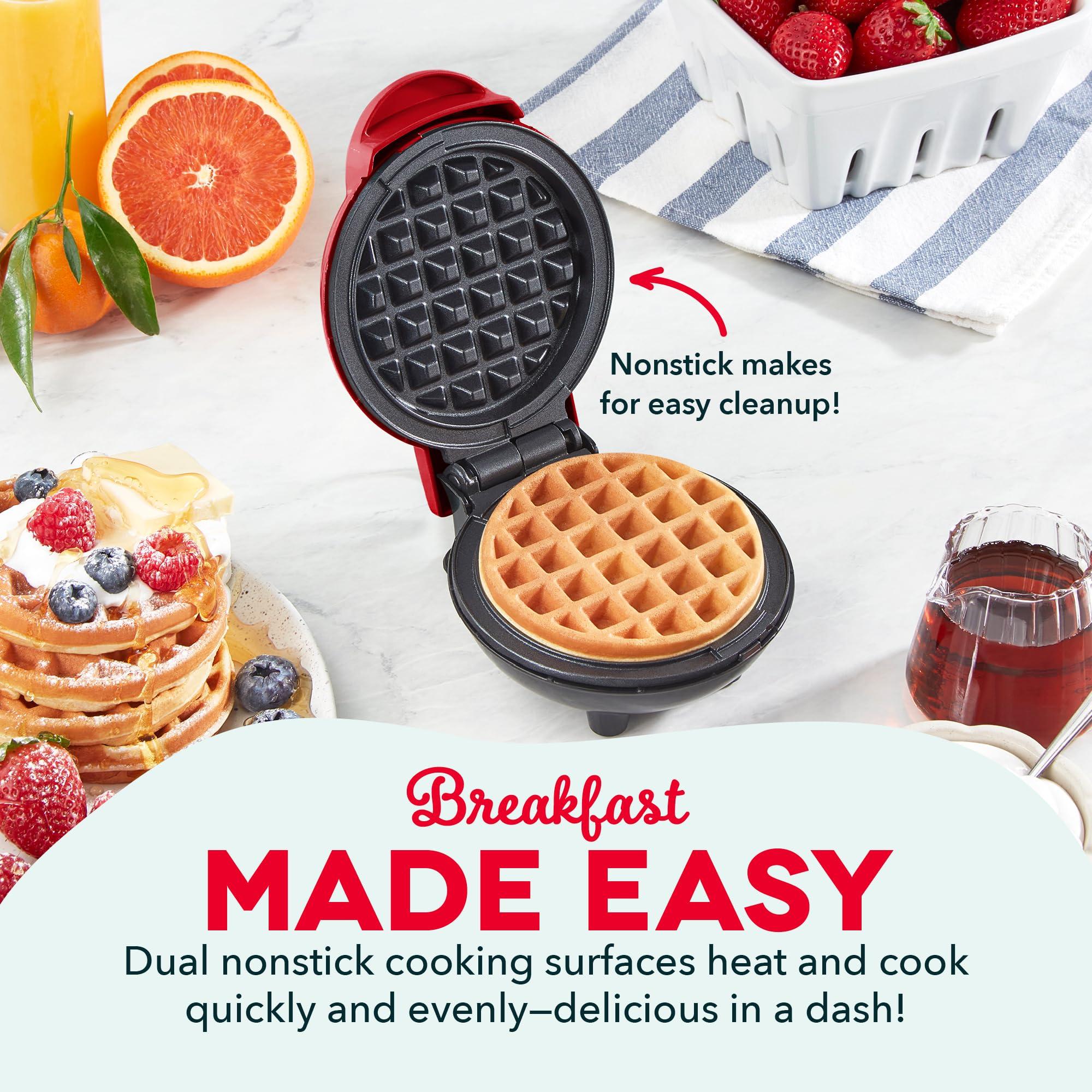 DASH DASH Mini Waffle Maker - 4 Waffle Mold, Nonstick Waffle Iron with Quick Heat-Up, PTFE Nonstick Surface - Perfect Mini Waffle Maker for Kids and Families, Just Add Batter (Red)