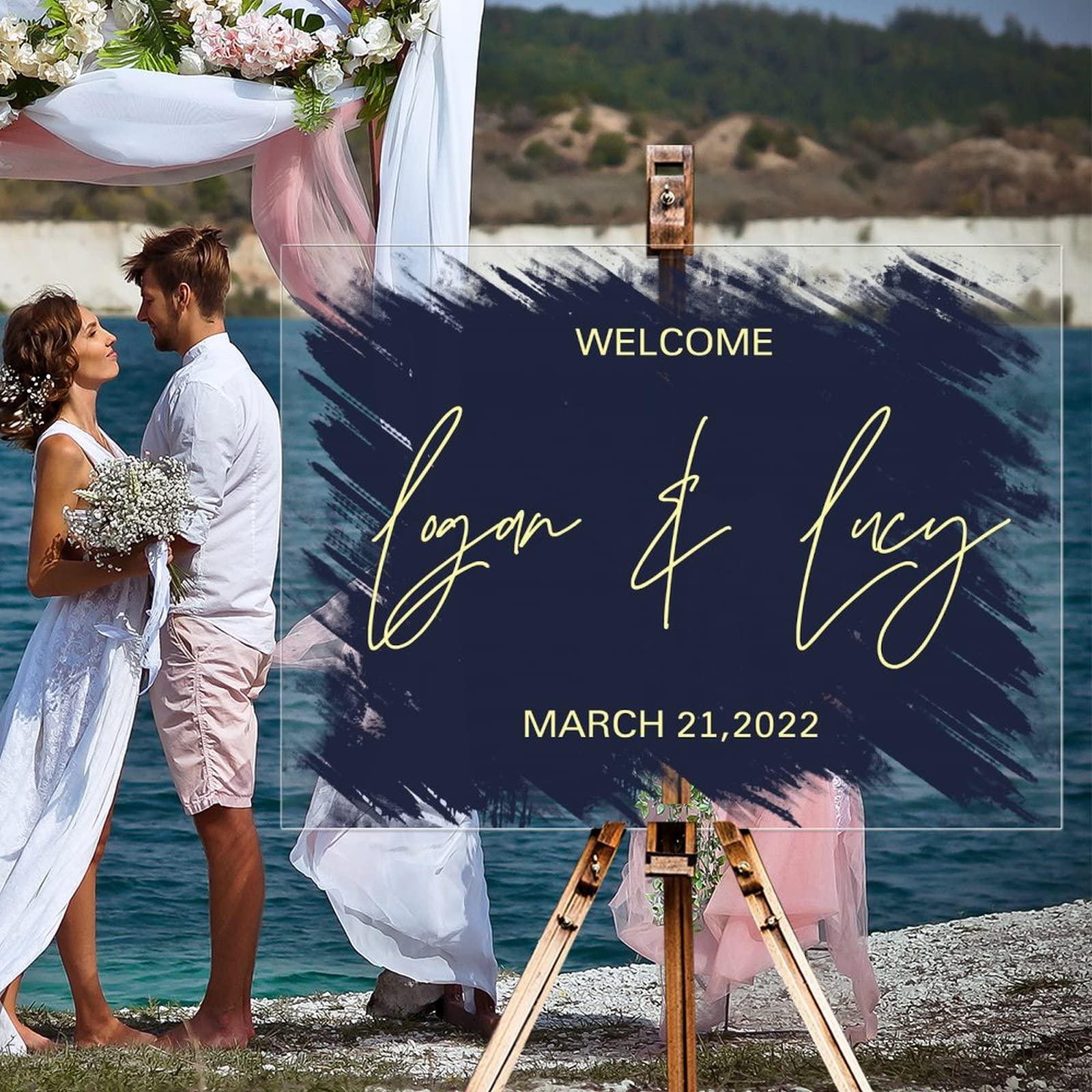 Generic And So Adventure Begins Personalized Welcome Wedding Sign Navy Blue Back Paint Gold Art Font Wedding Ceremony Sign Modern Acrylic Reception Decorations Party Signs for Wedding Ceremony 18x24in