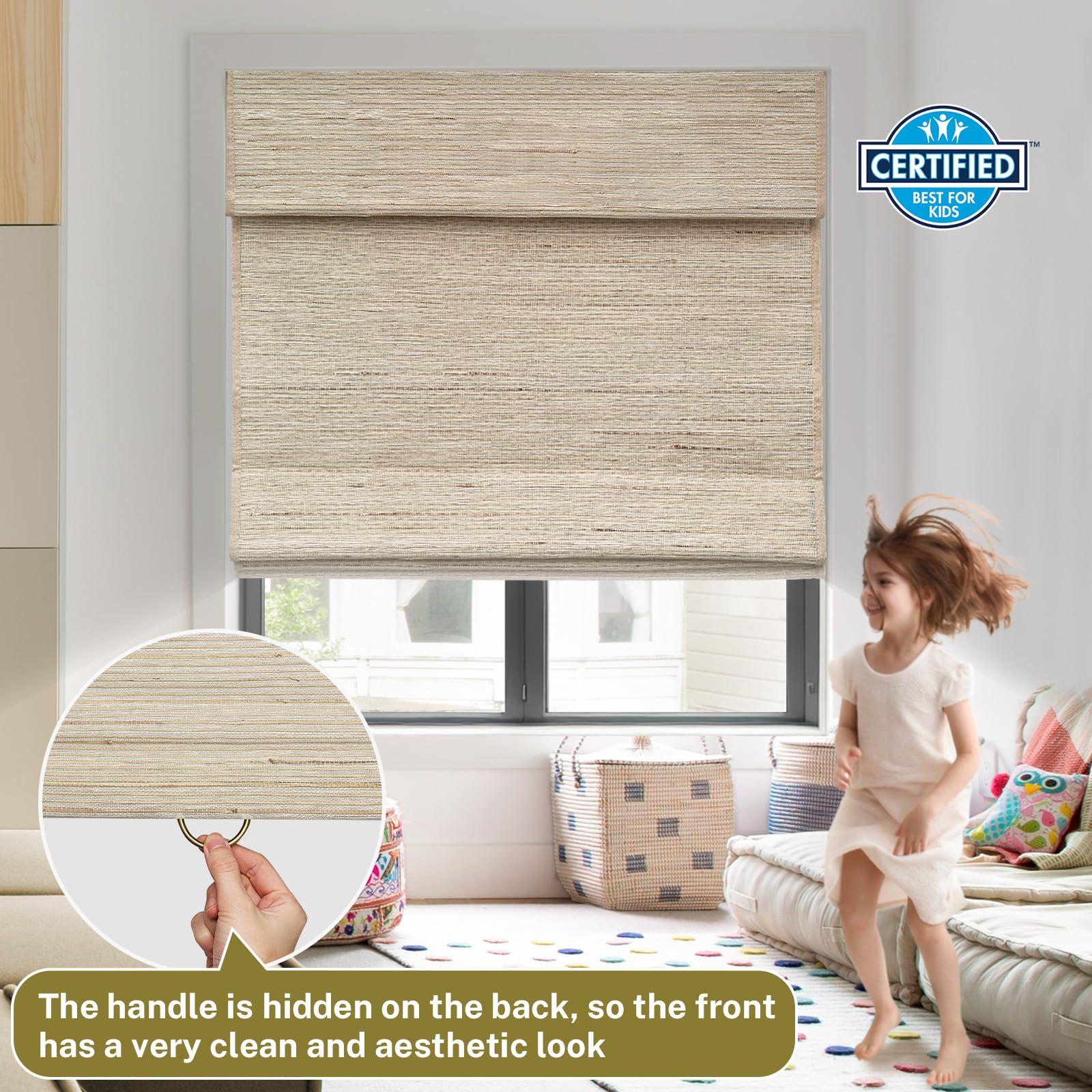 moonice Moonice No Tools No Drill Cordless Roman Shades for Window Blackout, Natural Woven Fabric Privacy Room Darkening Blinds, Thermal Insulated Easy Install Roman Blind Window Blinds Treatment, Awlmond