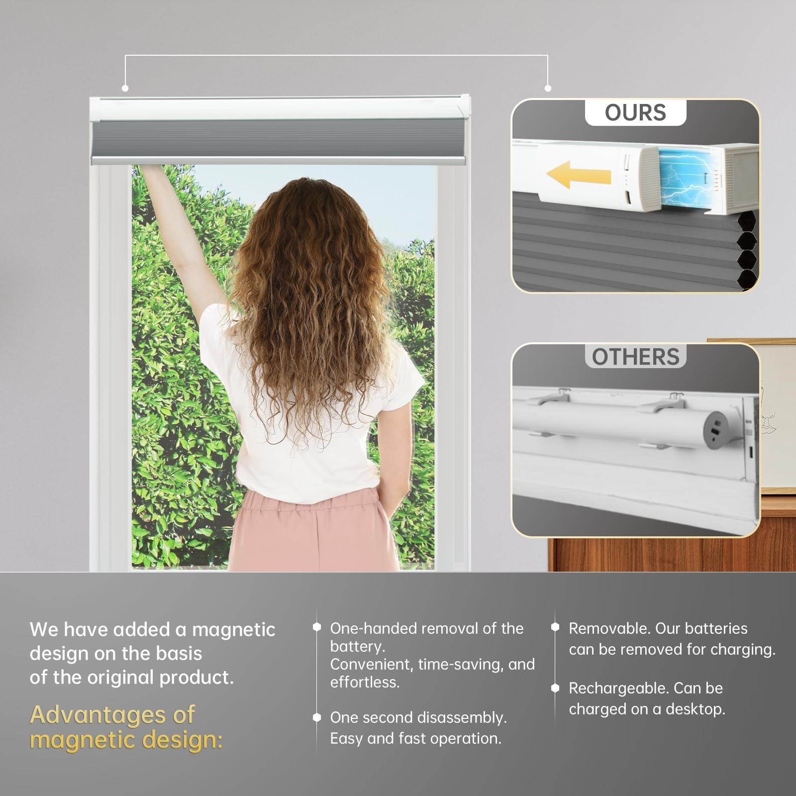 CINONEKO CINONEKO No Drill Motorized Cellular Shades with RemoteCordless Smart Honeycomb BlindsFree Solar Panel Blackout Electric Blinds, No Tools No Drilling Honeycomb Shades,Gray 32x64