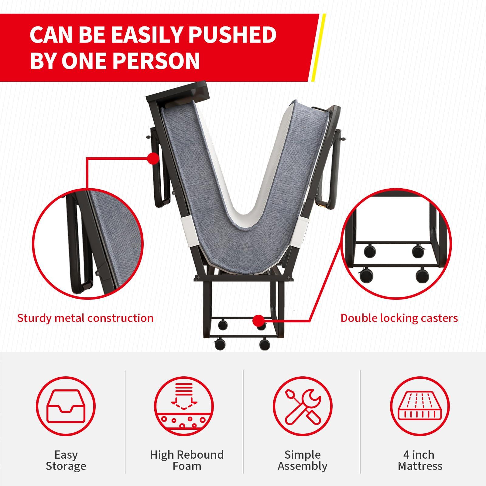 PUREMIND PUREMIND Folding Bed with 5 Inches Mattress, Upgrade Rollaway Bed for Adults with Dustproof Bag & Head Baffle, Single Portable Foldable Bed Fold Up Guest Bed with Metal Frame & Swivel Wheels