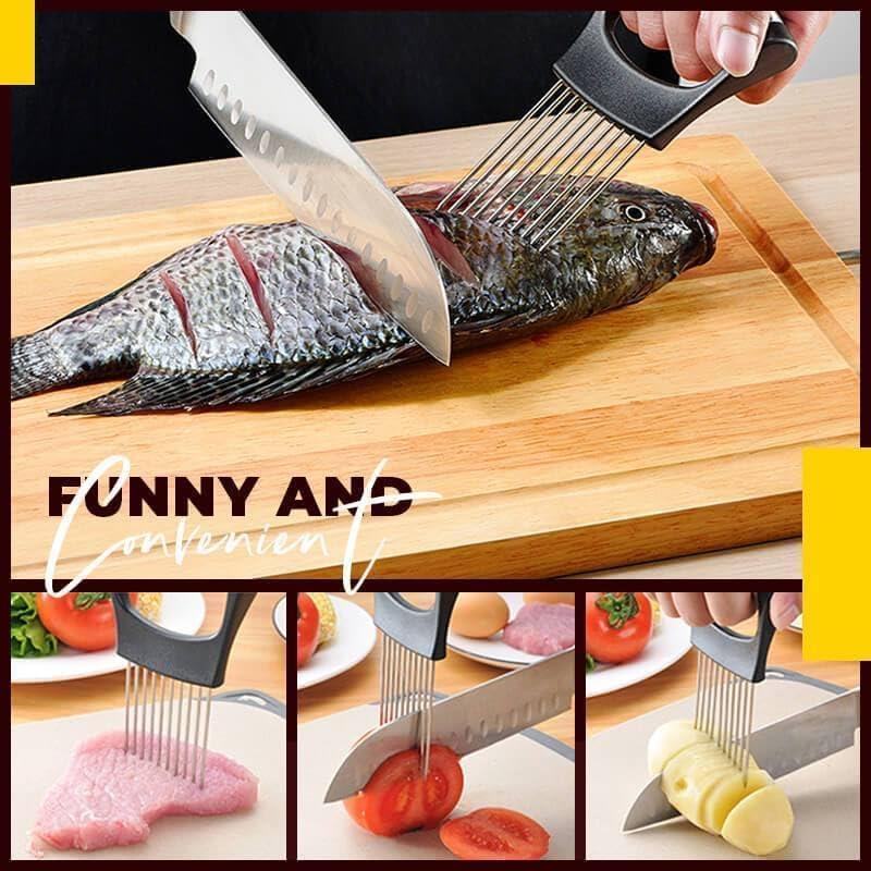 Koujut Onion Slice Holder, 2024 New Stainless Steel Onion Holder for Slicing, Chopper Slicing Assistant Tool, Cutter for Slicing of Meat, Onion, Potato, Tomato Kitchen Gadgets (Red, 1 Pack)