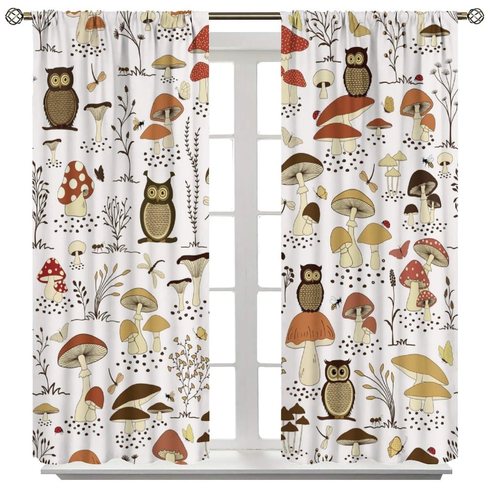 KANEPE Mushroom Blackout Curtains, Funny Cartoon Owls and Cute Cartoon Mushrooms Window Treatments, Rod Pocket Thermal Insulation Drapes for Bedroom Living Room Kitchen Decor, 55" W X 63" L