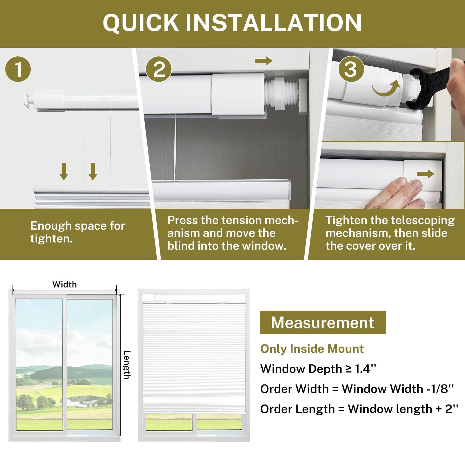 moonice Moonice No Tools No Drill Shades for Indoor Windows Blackout Top Down Bottom Up Cordless Cellular Shades, Easy to Install Mint Gap Single Cell Honeycomb Blinds for Home Office Thermal Insulated, Black