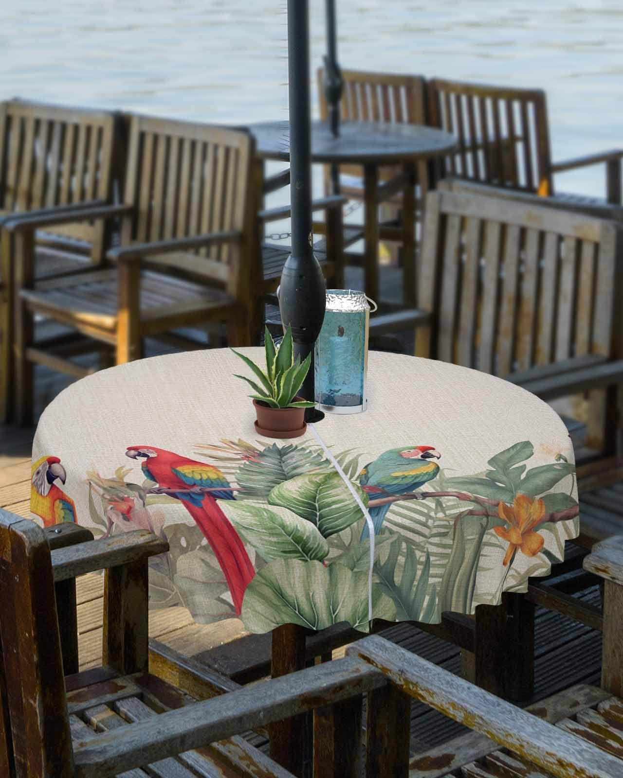 Chees D Zone Chees D Zone Outdoor Tablecloth with Umbrella Hole and Zipper, Tropical Birds Parrot on Branch Tablecloths for Round Tables,Washable Spillproof Table Cloth for Picnic Patio