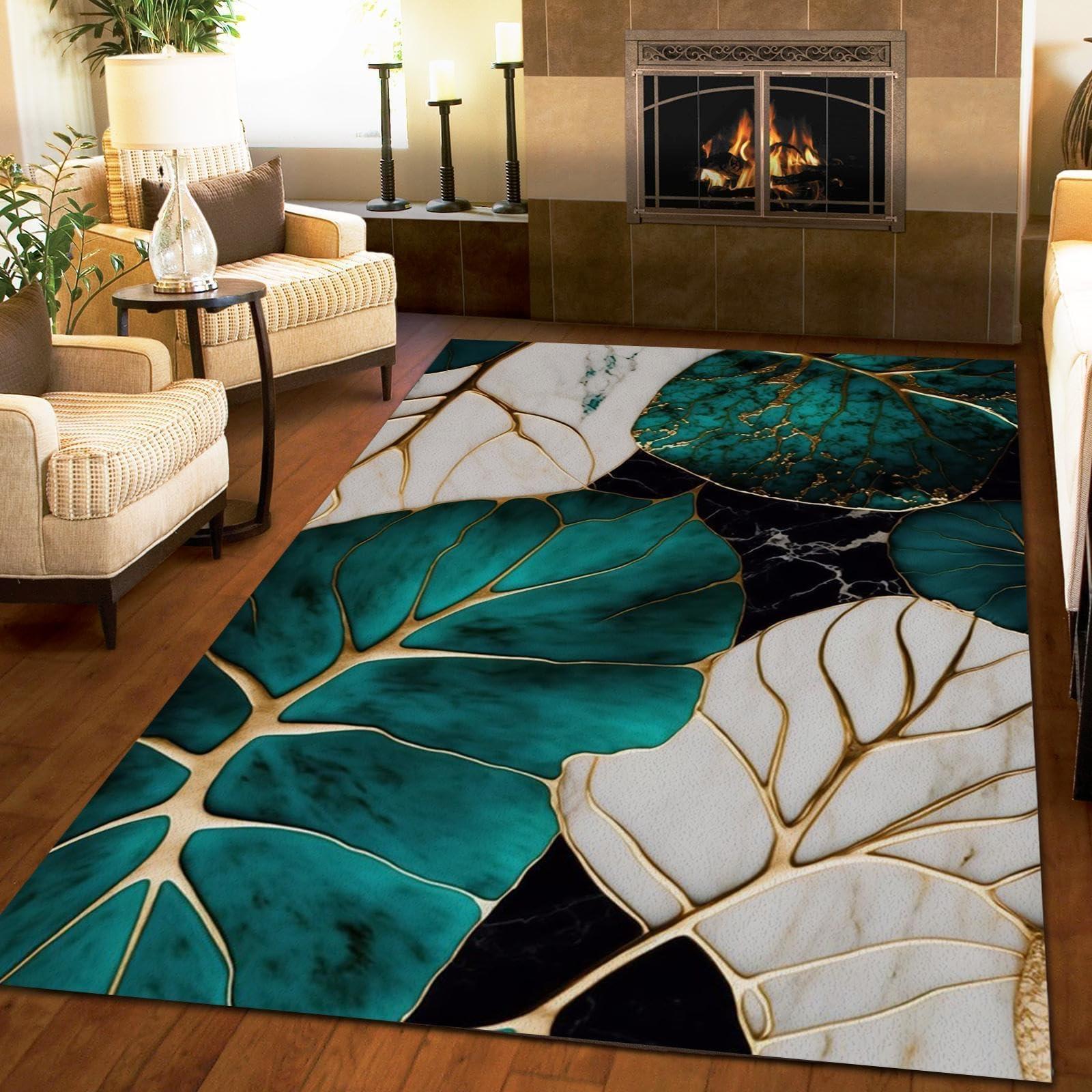 ZAFESA Nordic Light Luxury Black White Marble Rugs, Fashion Emerald Green Gold Texture Soft Bedroom Rug, Non-Slip Washable Living Room Carpet, for Office Restaurant Entrance Mat(4x6ft