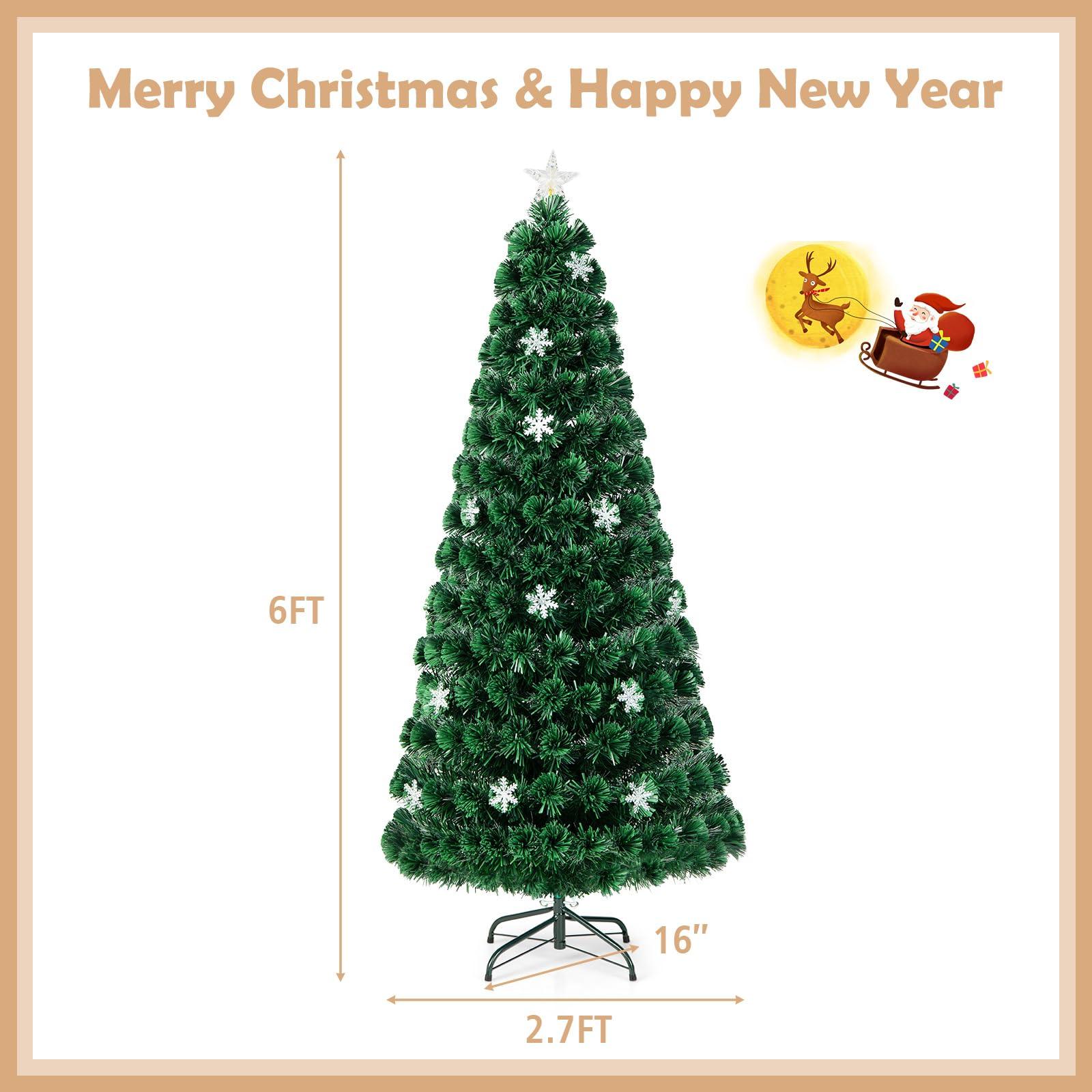 Goplus Goplus 6ft Pre-Lit Fiber Optic Christmas Tree, Artificial Xmas Full Tree with Colorful Snowflake LED Lights, 220 Branch Tips, Foldable Metal Base, for Office Home Holiday Decor