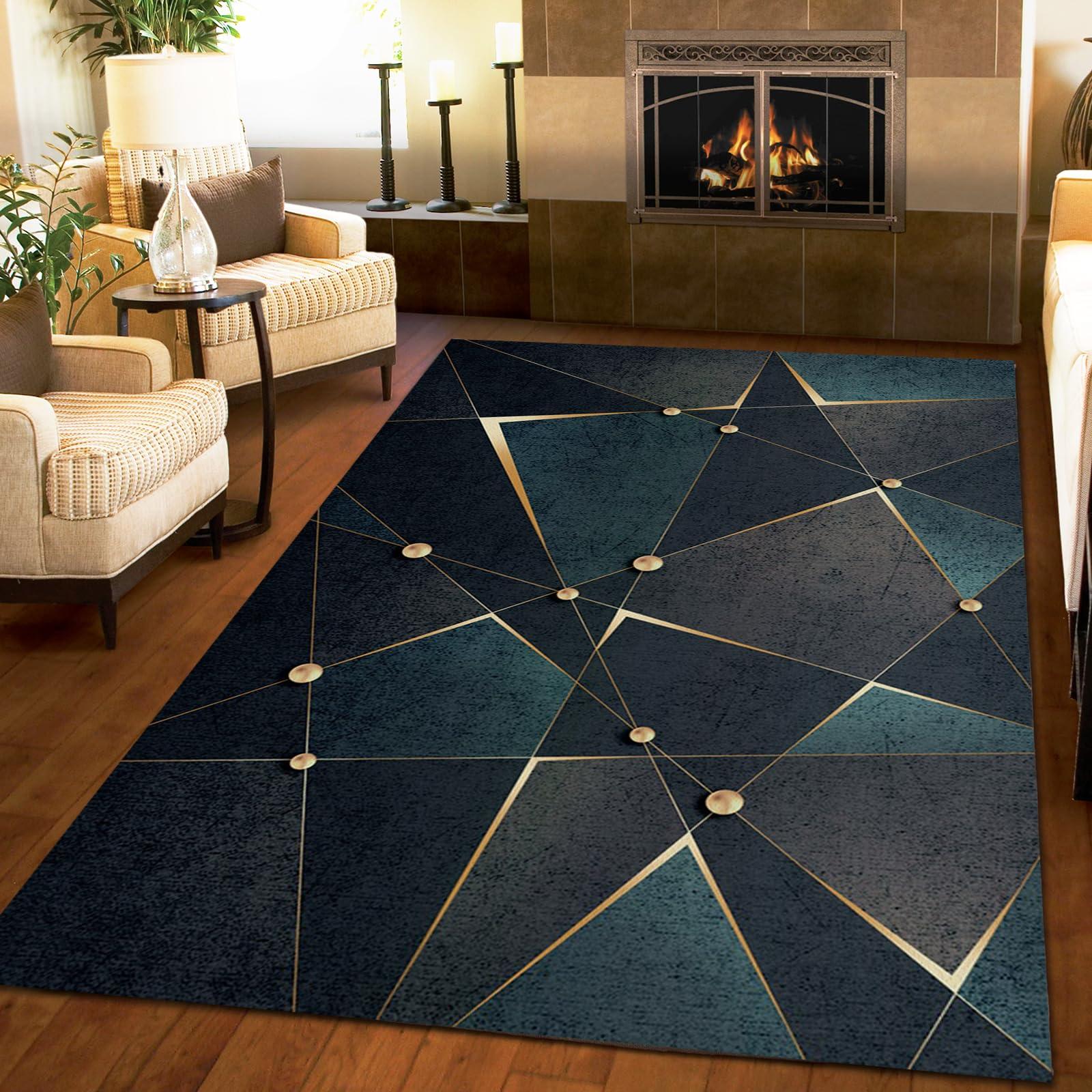 Arramu Creative Retro Gold Thread Large Area Rugs 7x10 Dark Geometric Plates Area Rug for Living Room, Modern Rug with Double Sided Carpet Tape for Bedroom Men Room Decor