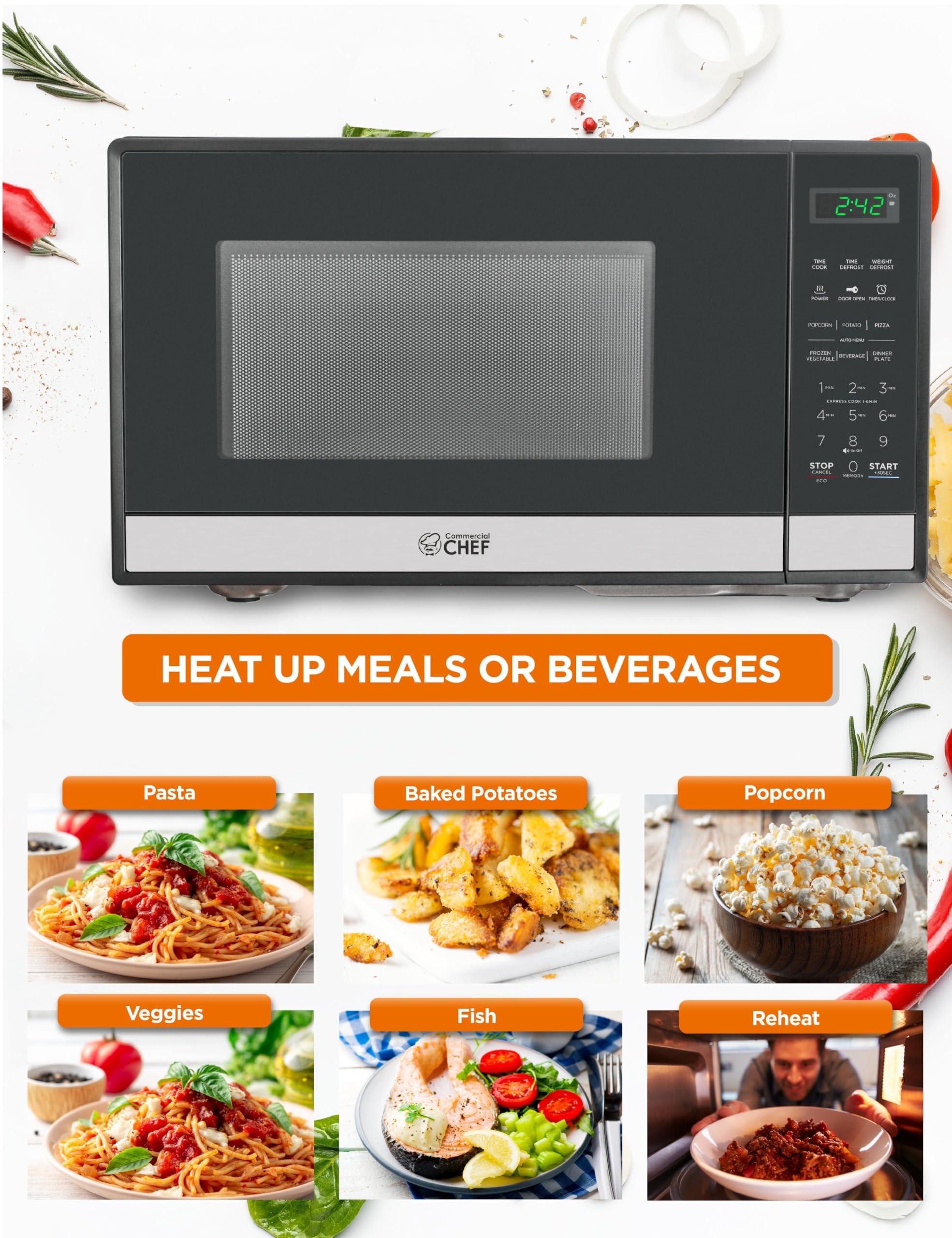 Commercial CHEF Commercial CHEF Small Microwave 0.9 Cu. Ft. Countertop Microwave with Touch Controls & Digital Display, Stainless Steel Microwave & 10 Power Levels, Outstanding Portable Microwave with Pull Handle