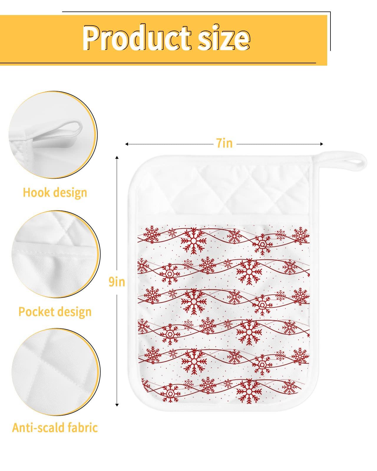 LEOKOTI 5 Pack Pocket Pot Holders, Christmas Snowflake Hot Pads for Kitchen Heat Insulation Potholders, Xmas Winter Red Snowflake White Decor Pot Holder Oven Mitts Hot Pad Trivet for Baking Cooking 9\"x7\"