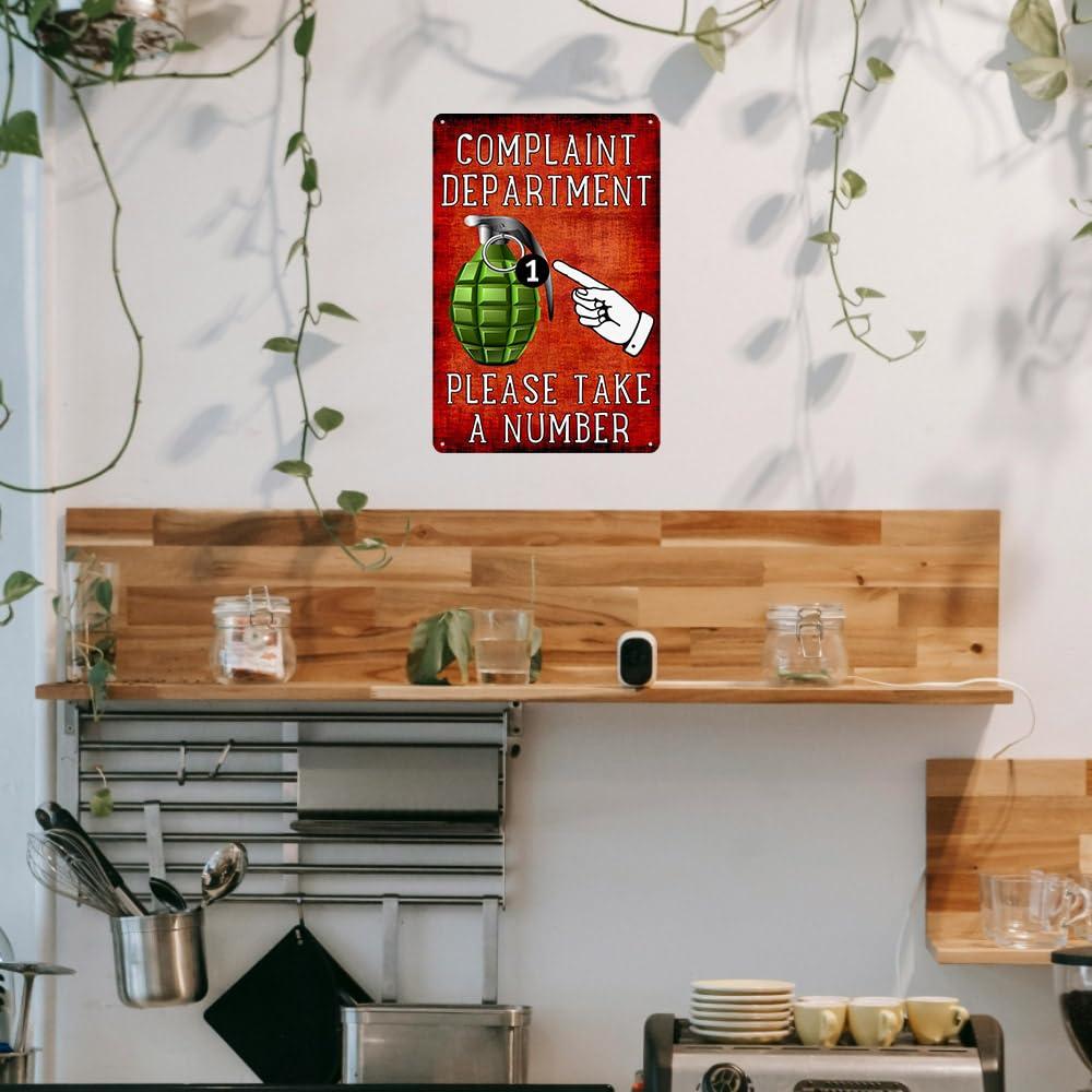 RESKEA Funny Metal Tin Sign Complaint Department Grenade Sign Complaint Department Take A Number Tin Signs Sarcastic Man Cave Bar Wall Decor