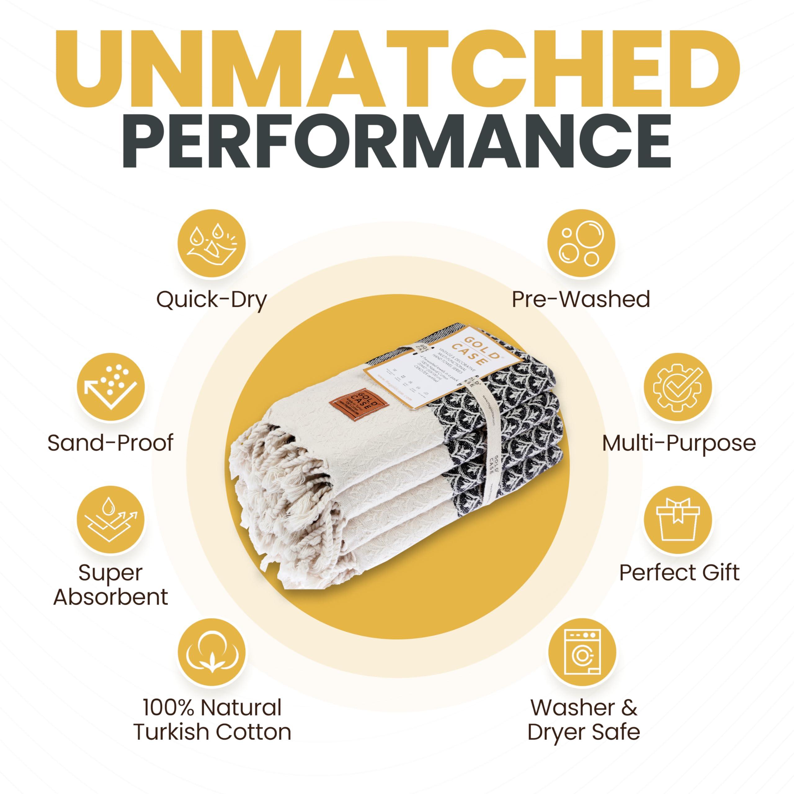 GOLD CASE HOME COLLECTION Gold CASE Turkish Hand Towels for Bathroom Set of 4 100% Cotton Bathroom Towels Helen Kitchen Small Towel for Spa, Face, Tea & Dishcloth Decorative Patterned Weave Black