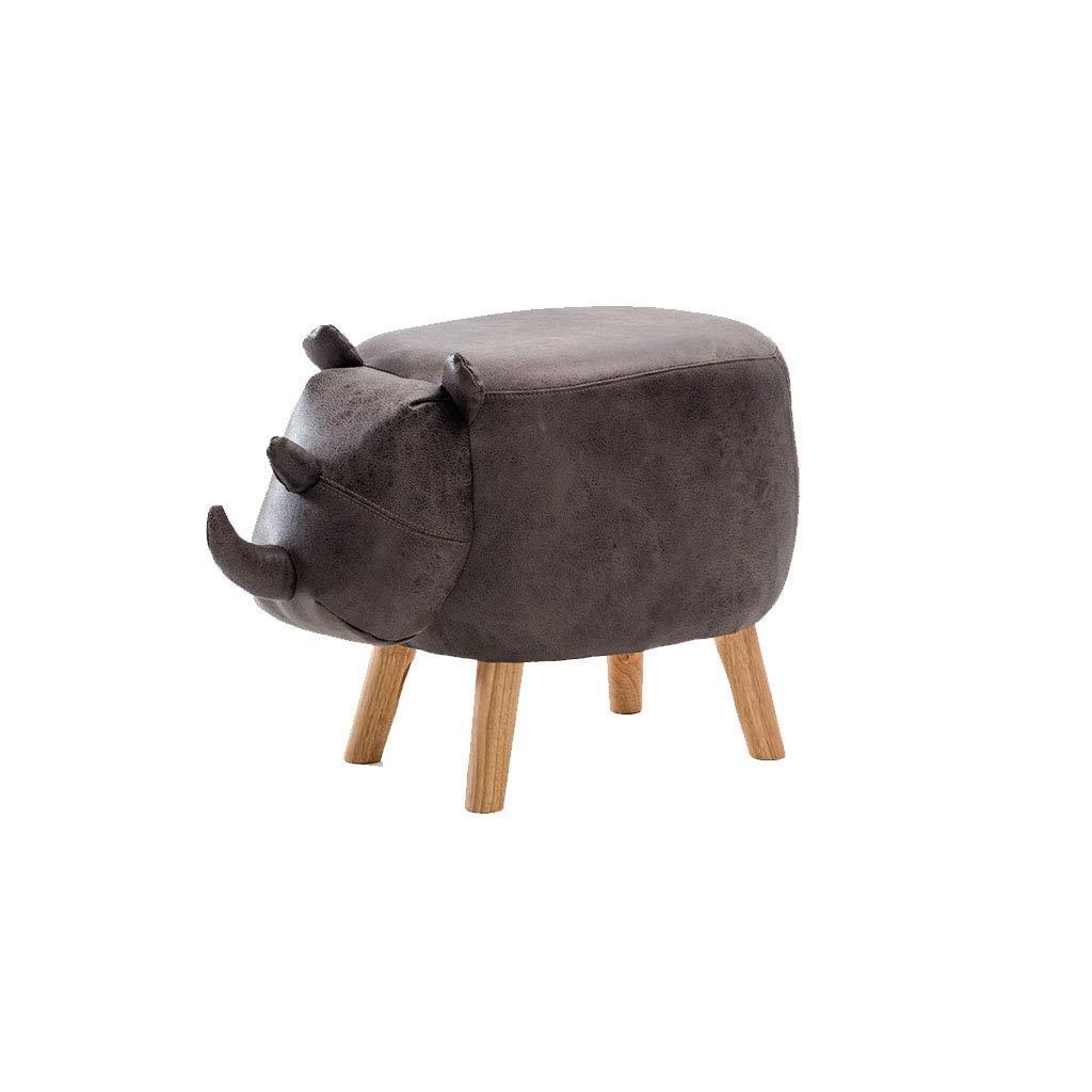 WANGJIN-Footstool Solid Wood Animal Leather Stool Ottoman Creative & Cute Stool for Kids Toy Chest Chair for Children Solid Wood Footstool 4 Legs (Rhinoceros)