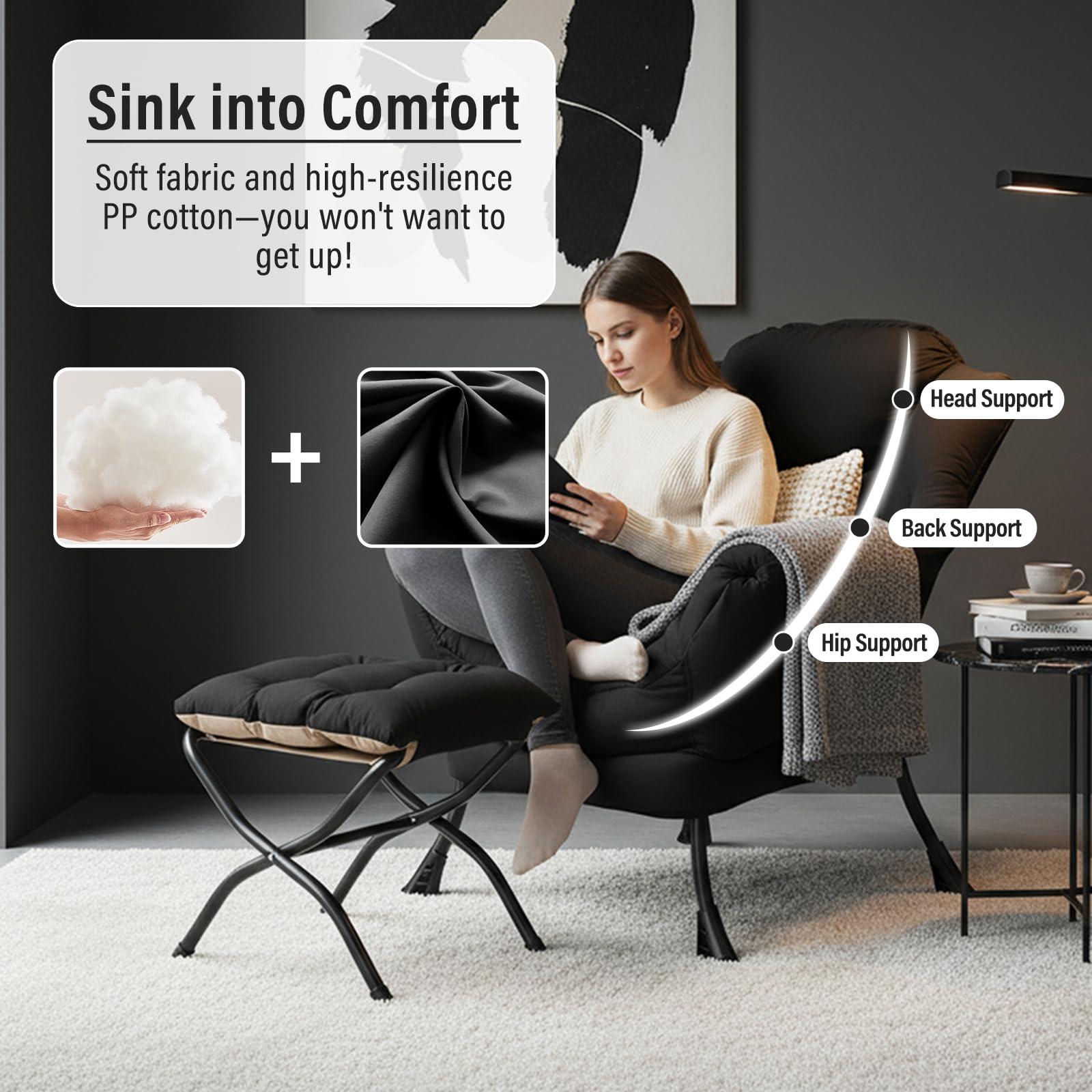 Furlide Furlide Lazy Chair with Ottoman, Modern Chair with Folding Footrest, Lounge Accent Chair, Comfortable Reading Chair (Black)