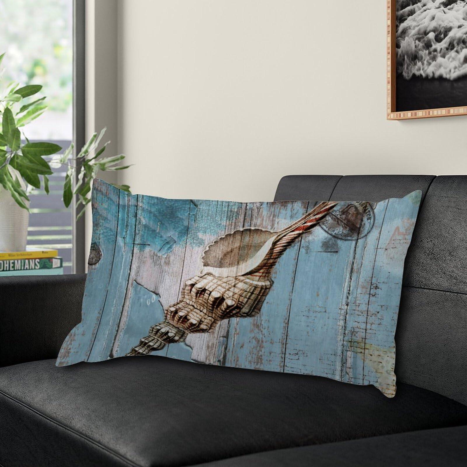 luckluccy luckluccy Conch Beach Pillow Cover Blue Wood Grain Lumbar Pillowcases Beach Themed 12x16in Decorative Pillow Home Cotton Linen Mediterranean Style Pillow Cover for Sofa Couch Bedroom Living Room