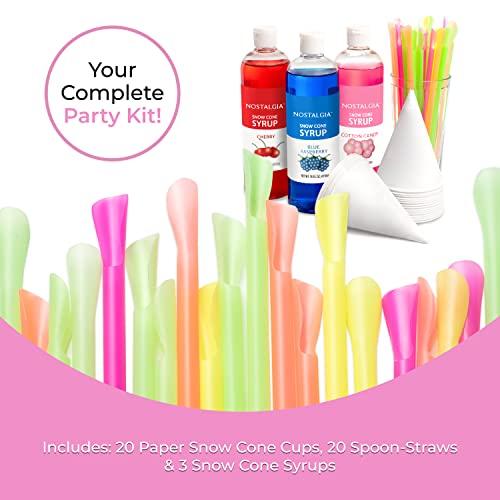 Nostalgia Nostalgia Premium Snow Cone Party Kit, 3 Syrups, Blue Raspberry, Cherry, Cotton Candy, 20 Cups & Spoon Straws