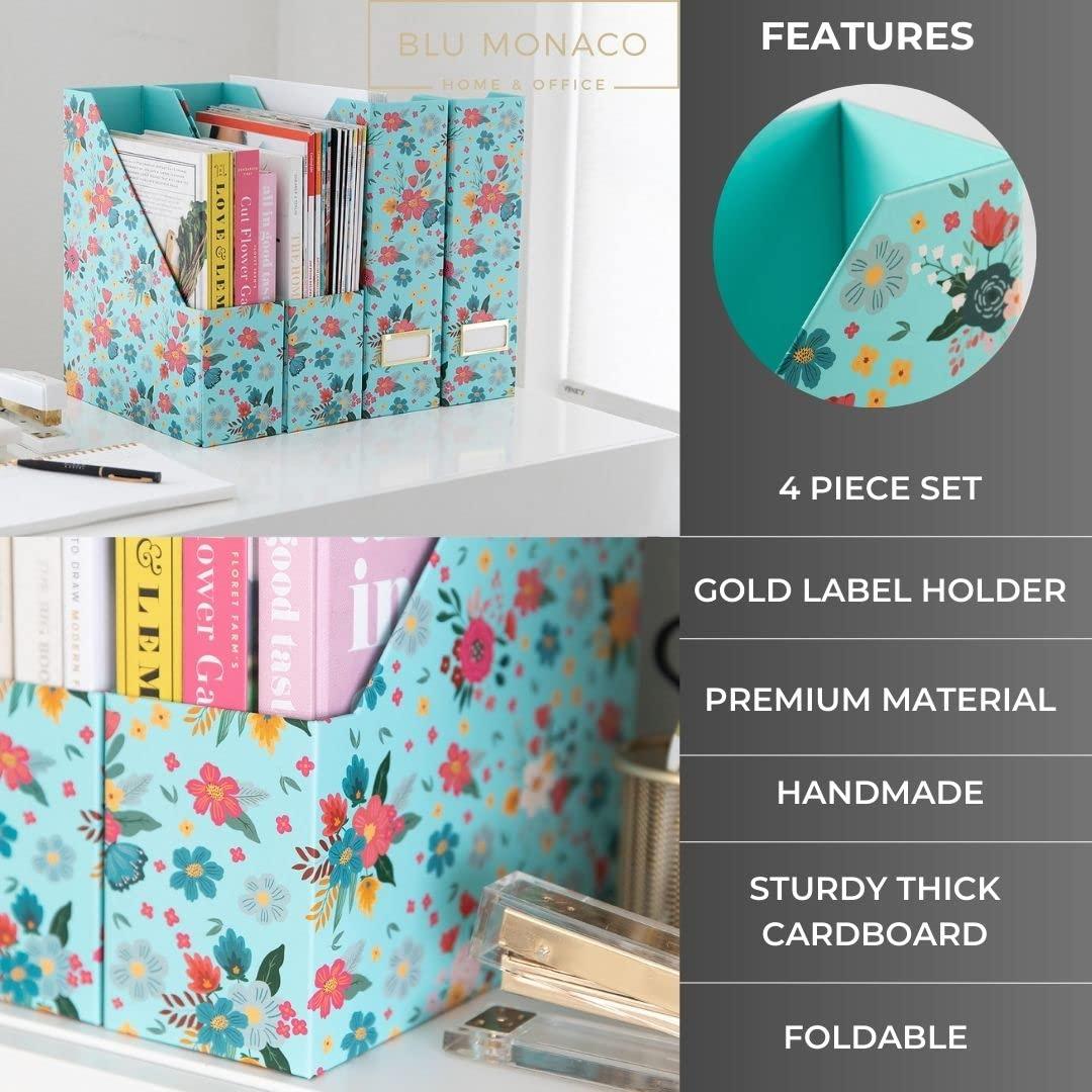 BLU MONACO BLU MONACO Floral Magazine Holder Cute Set of 4 Foldable Magazine File Boxes Aqua Floral Pattern with Gold Label Holder- Magazine Rack Desk Organizer, Binder Holder, Vertical File Folder Organizer