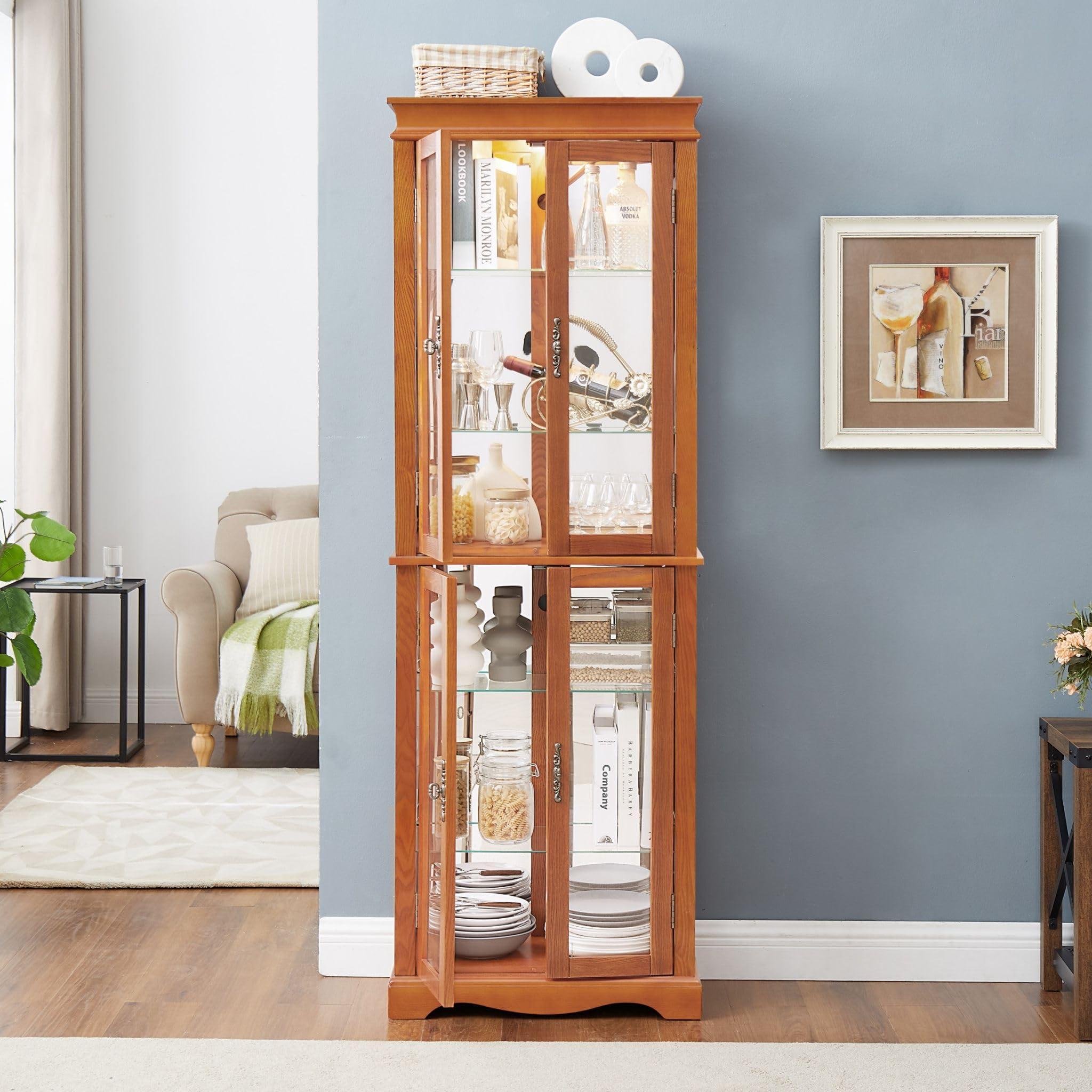 CKEASEAN CKEASEAN Curio Cabinet 71" Lighted Glass Display Cabinet, Wooden China Cabinet with 6 Adjustable Shelves, Tempered Glass Doors, Light Bulb Included, Rack for Living Room (Dark Oak)