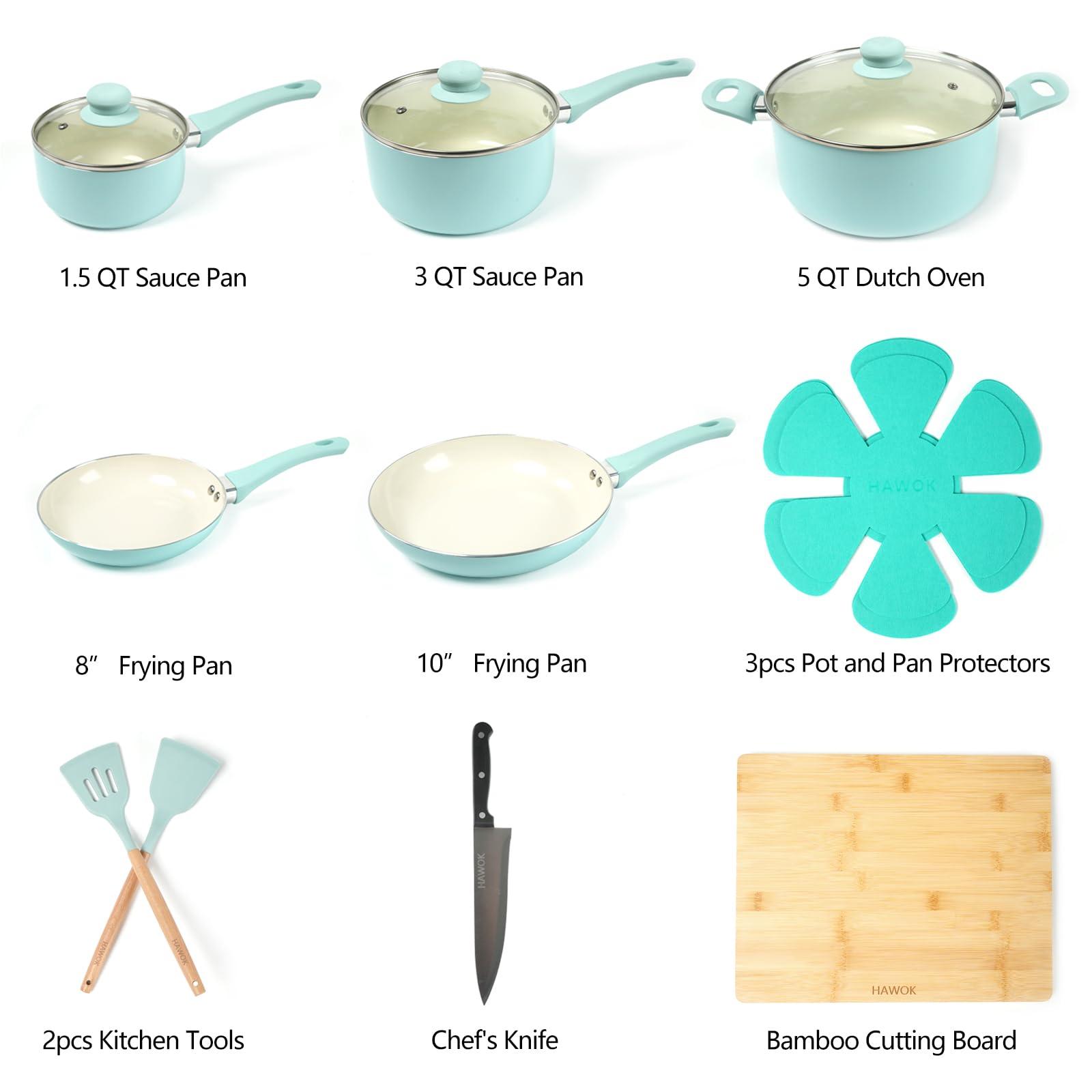 HAWOK HAWOK Kitchen Ceramic Non-stick coating Induction Cookware Sets - 15 Piece pressed Aluminum Pots and Frying Sauce Pans Set with BAKELITE Handles and Glass Lids, PFAS-Free