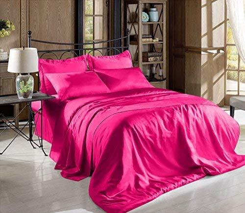 Sona Bedding Solutions Glam Bedding - Luxurious Ultra Soft - Silky Satin 4 Piece Bed Sheet Set - [ Fitted Sheet 19\" deep Pocket + Flat Sheet + 2 Pillowshams ] - Hot Pink, Cal-Queen