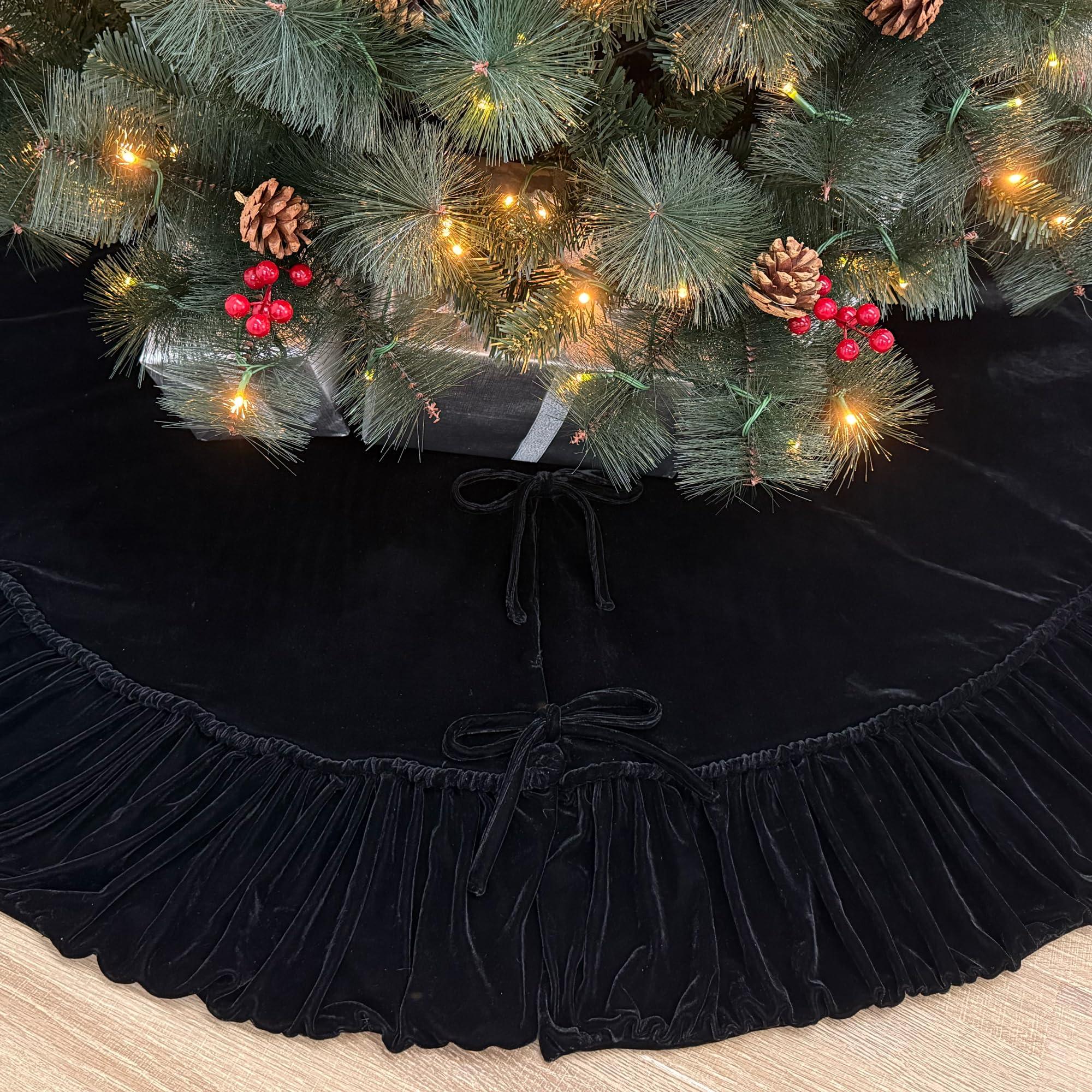 Starry Dynamo 84-Inch Ruffled Velvet Christmas Tree Skirt, Thick Foam-Lined Heavy Duty Fabric with Plush Lace Ties, Black