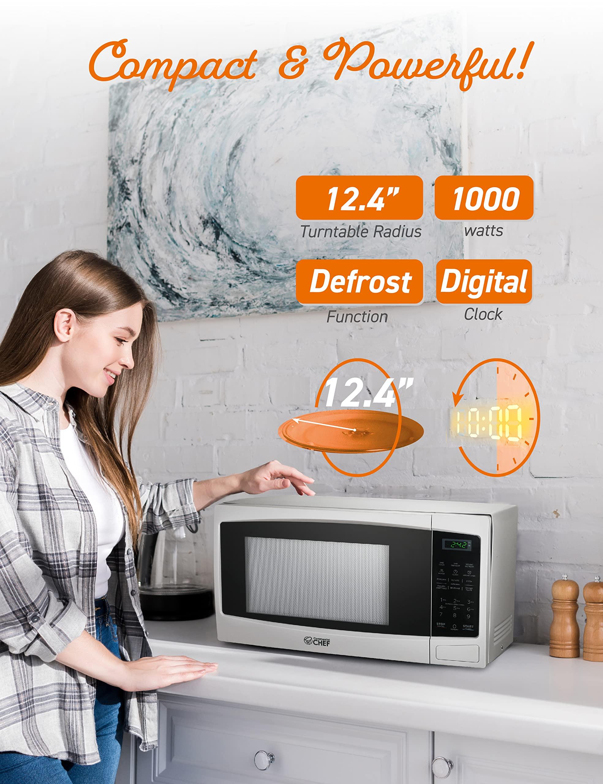 Commercial CHEF COMMERCIAL CHEF 1.1 Cu Ft Microwave with 10 Power Levels, Microwave 1000W with Push Button Door Lock, Countertop Microwave with Microwave Turntable and Digital Controls, White