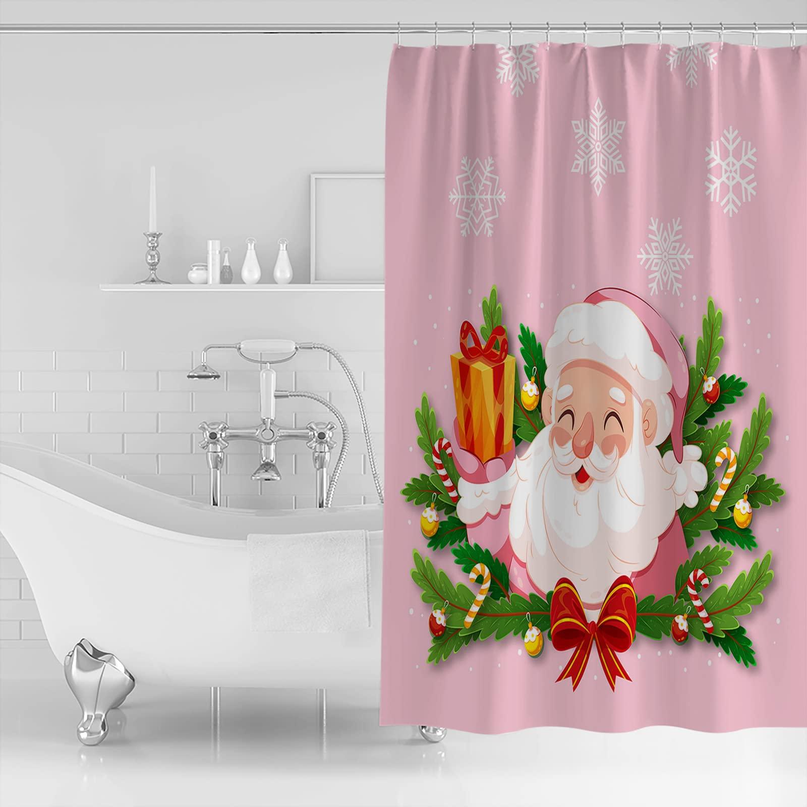 TocaHome TocaHome Waterproof Shower Curtain Set for Bathroom with Hooks, Christmas Santa Claus Pine Needles Snowflakes Pink Polyester Fabric Shower Curtains Sets Machine Washable Bath Curtain 72\"x96\"