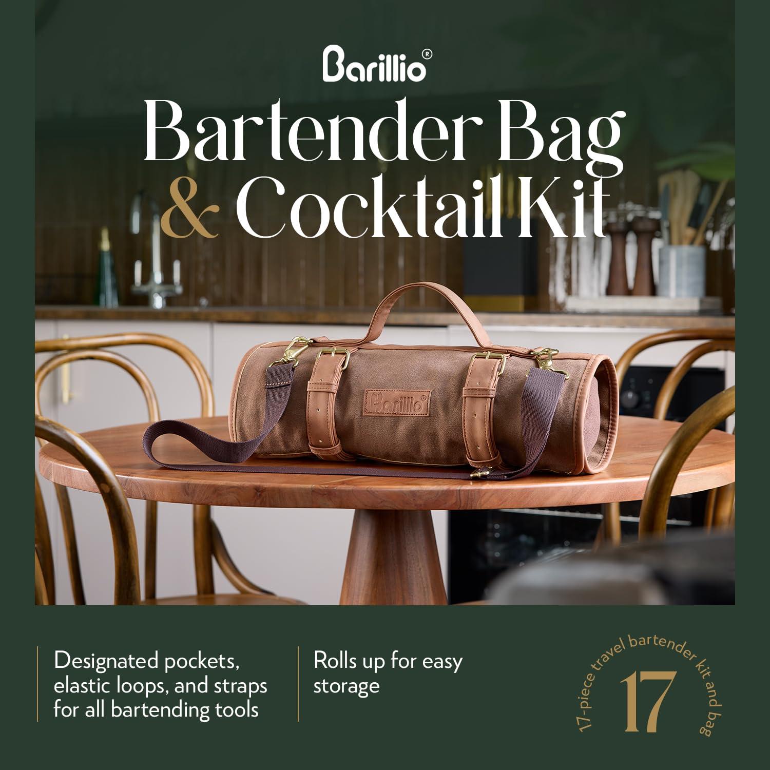 barillio Barillio Bartender Kit Bag with Cocktail Shaker Set - Waxed Canvas, Traveling Bar Tools Bag with 17-Pc Cocktail Kit - Travel Mixology Bartending Kits - Mobile Bar Bag with Strap & Accessories - Silver