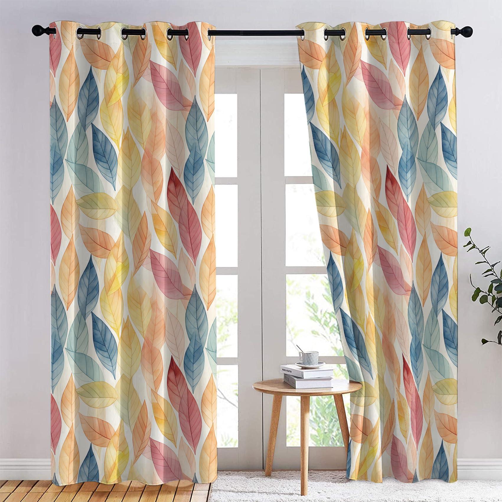 HomeLoft Basics Leaves Blackout Curtains, Leaf Pattern Curtains for Bedroom Living Room Decor, Colorful Window Curtain Drapes Grommet Thermal Insulated, 52 x 72 Inch 2 Panels Set PW&412