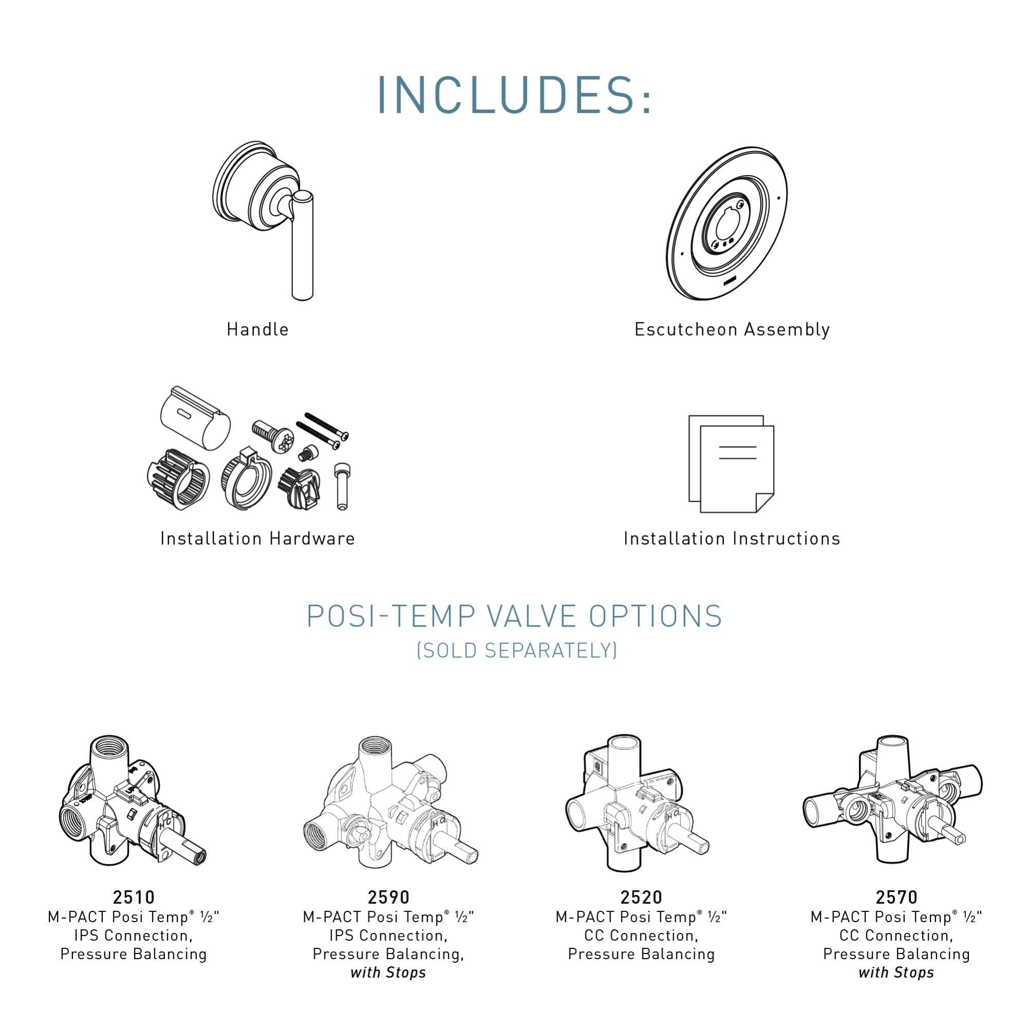 Moen Moen Gibson Chrome Posi-Temp Pressure-Balancing Modern Valve Handle Only Trim, Valve Required, T2901