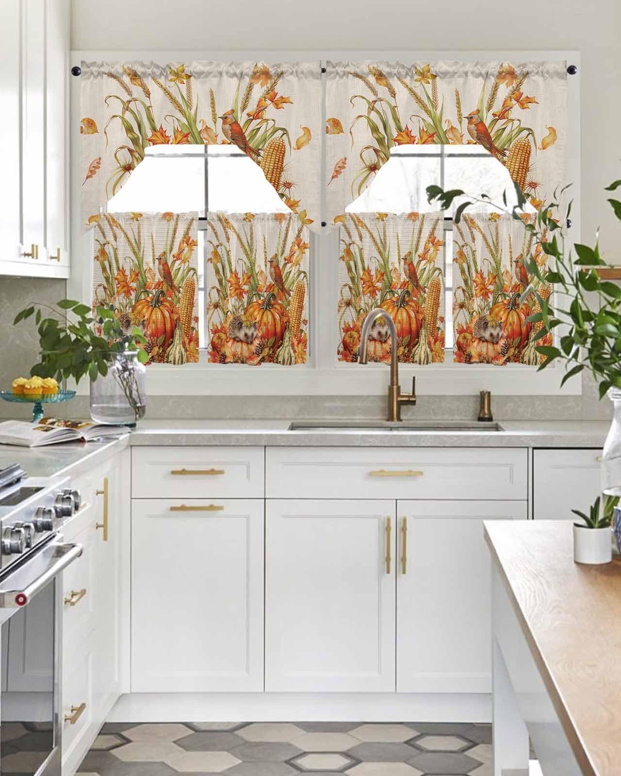 Onekaccu Fall Pumpkins Swag Curtains Valance and Tier Set,Rod Pocket Curtain Drapes for Bathroom Over Sink Kitchen Curtains 3 Piece Set Thanksgiving Autumn Orange Beige Wheat Swag Valances 24 inches Tiers