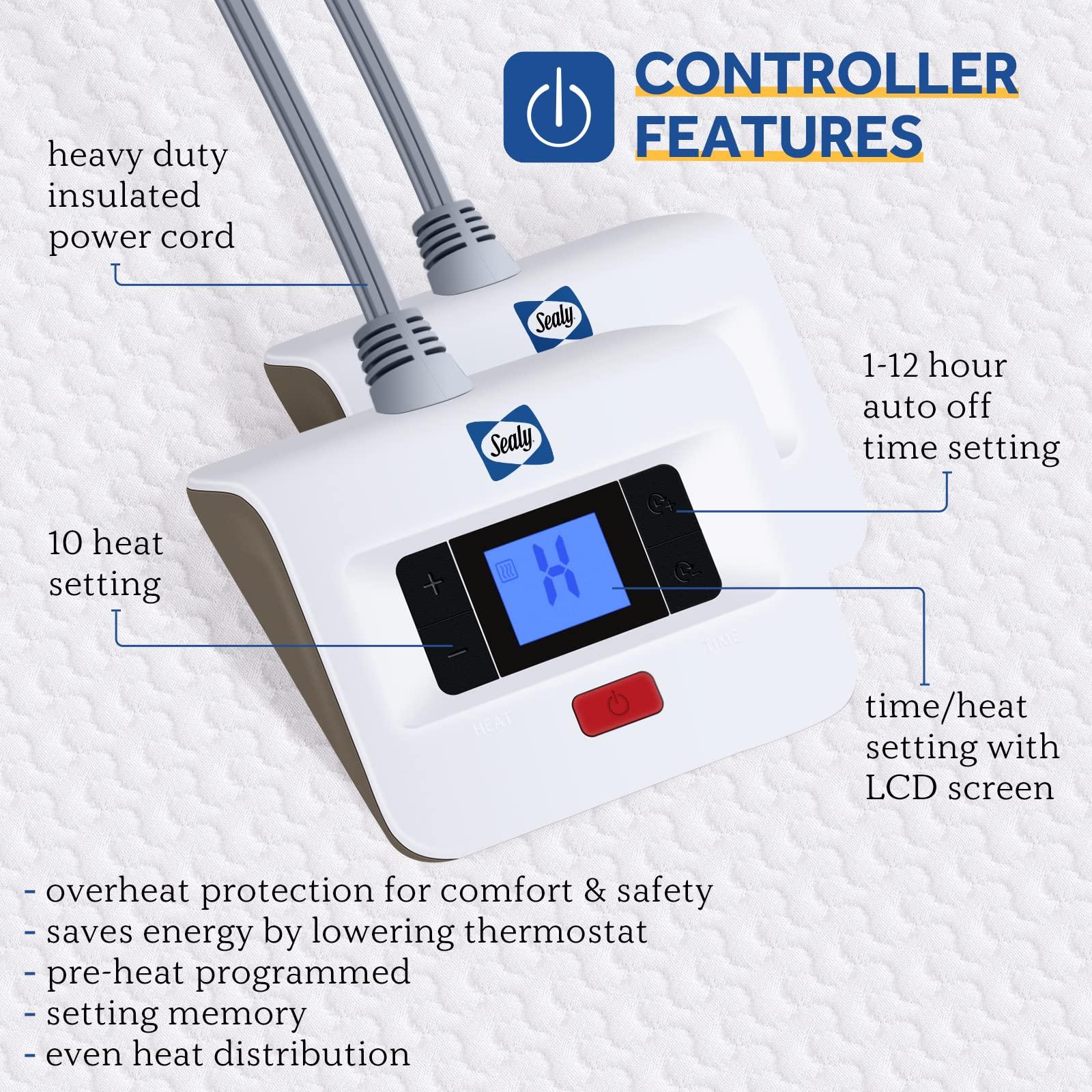 SEALY Sealy Heated Mattress Pad Queen Size, Zone Heating Electric Bed Warmer with Deep Pocket, 10 Heat Setting Dual Controller & 1-12 Hours Auto Shut Off, Knitted Breathable Heated Mattress Cover, White