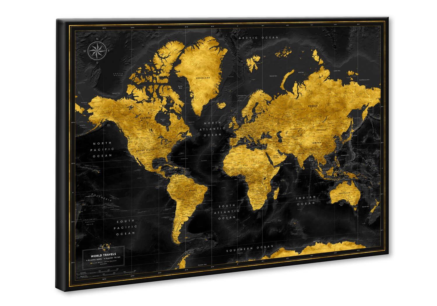 Pin Adventure map Push Pin World map with pins to mark travels - World Map pinboard - Gift for traveler & interior decor (40 x 30, Midnight Gold)