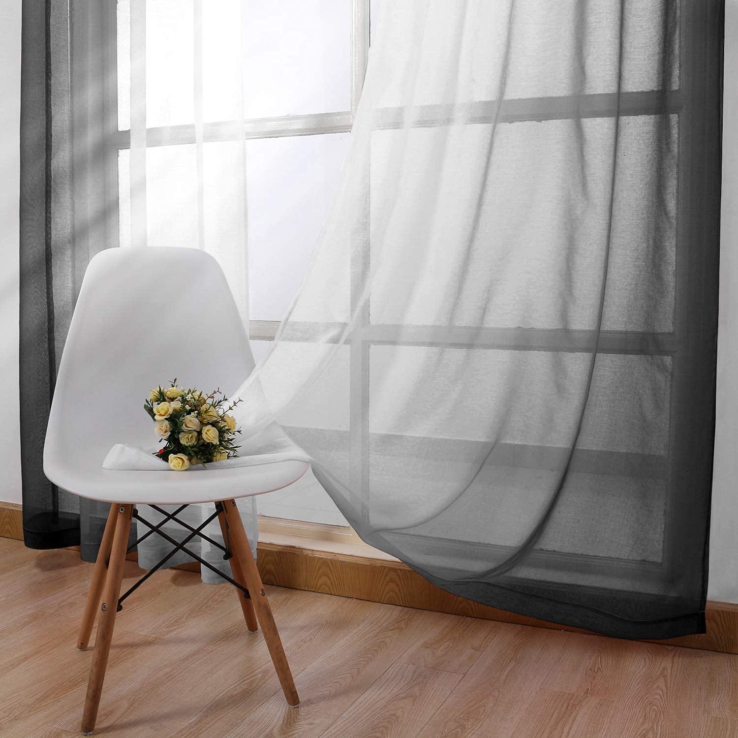DWCN DWCN Ombre Faux Linen Sheer Curtains - Semi Voile Gradient Grommet Top Curtains for Bedroom and Living Room, 52 x 108 Inches Long, Set of 2 Window Curtain Panels, Black