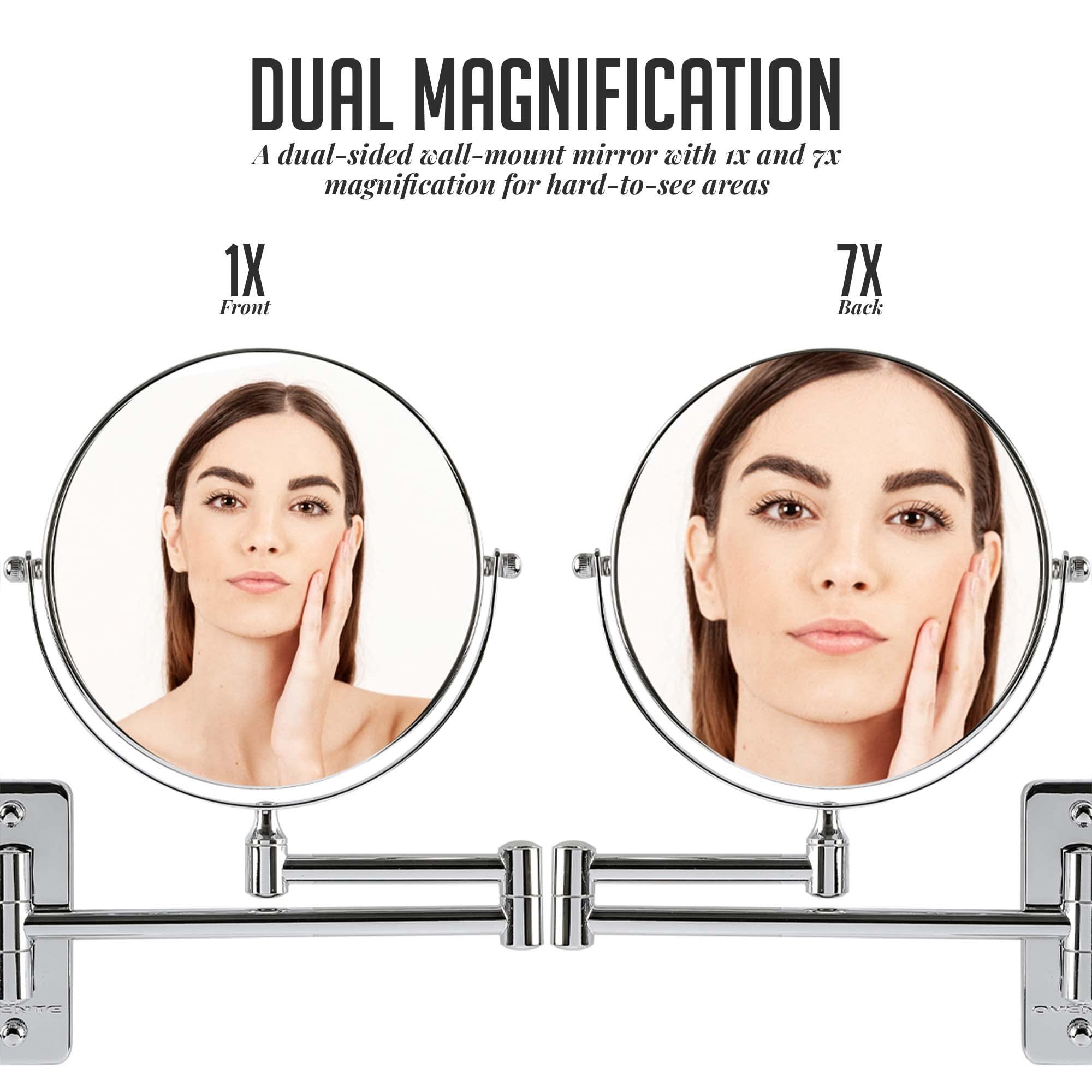 OVENTE Ovente 7\" Wall Mounted Makeup Mirror with 1X/7X Magnification, Double Sided Magnifying Round Bathroom Vanity Mirror, 360 Swivel Design, Extendable and Folding Arm, Polished Chrome MNLFW70CH1X7X