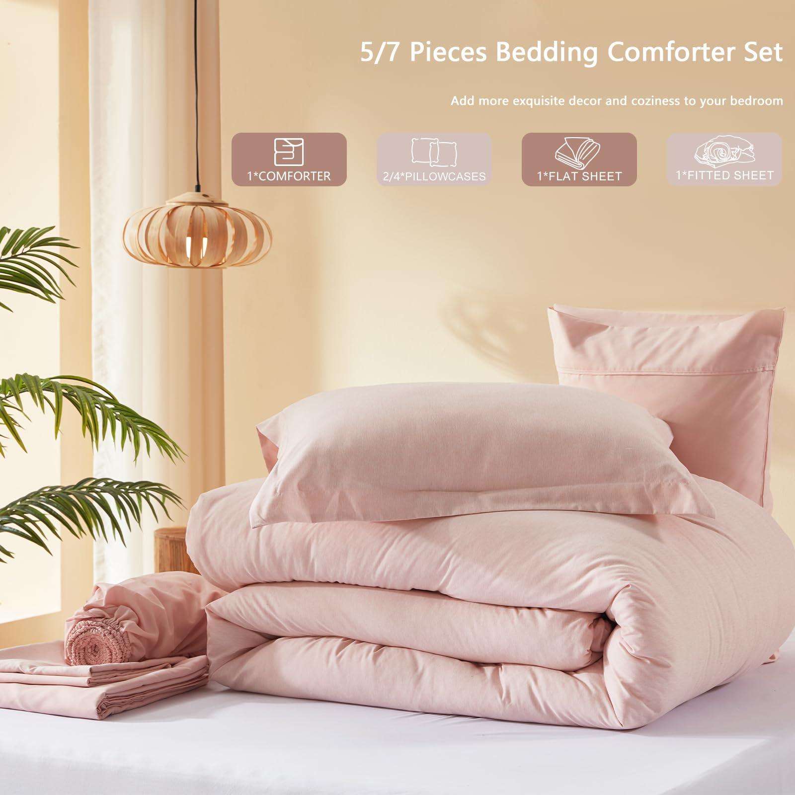 UNILIBRA UNILIBRA King Comforter Set 7 Pieces Bed in a Bag - Light Pink King Soft Bedding Set for All Seasons - Cationic Dyeing Bed Comforter Sets with Comforter, Flat Sheet, Fitted Sheet, Pillowcases & Shams