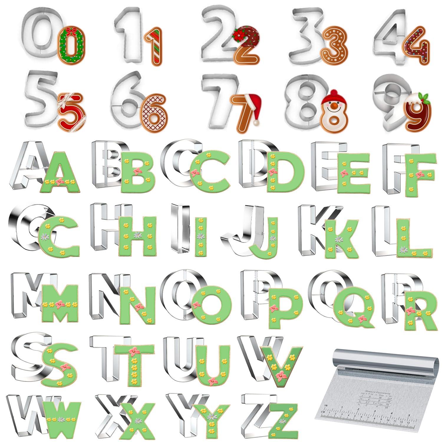 xify\'s xifys 36 Pcs Alphabet & Number Cookie Cutters, 2.5-3 Inch Assorted Sizes Stainless Steel Cookie Cutter Sets, Fondant & Dough Molds for Party Birthday Christmas, Fruit Cutting, Includes Steel Scraper