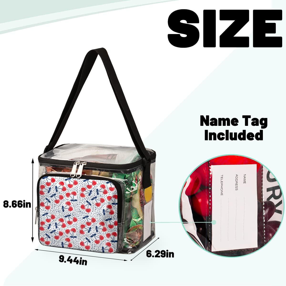 bisibuy bisibuy Cherry Print Clear Lunch Bag Stadium Approved PVC Plastic See Through Lunch box with Adjustable Strap for Sports Events Concerts Office