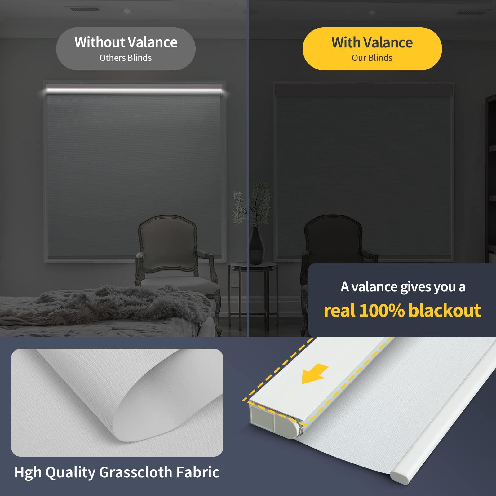 CITOLEN Motorized Blinds with Remote, Grasscloth Fabric Smart Blinds with Valance Cover, Cordless Automatic Roller Shades, Blackout Electric Blinds for Windows,Bright White 45" W x 72" H